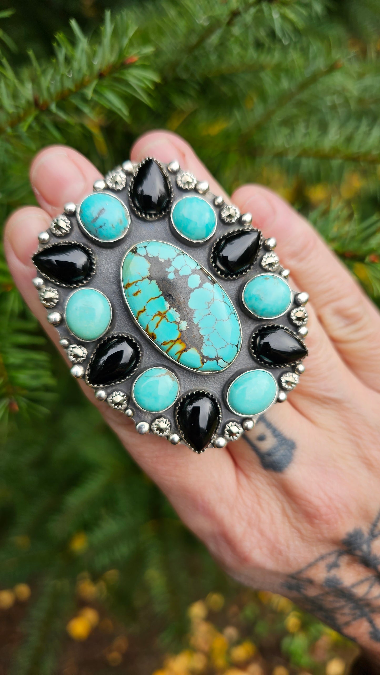 ALPHA Cluster Ring - Hubei and Campitos Turquoise with Onyx and Rosecut Pyrite in Fine and Sterling Silver size 9