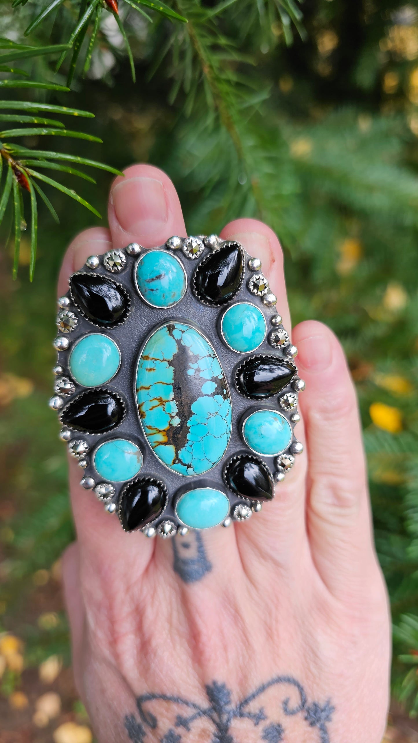 ALPHA Cluster Ring - Hubei and Campitos Turquoise with Onyx and Rosecut Pyrite in Fine and Sterling Silver size 9