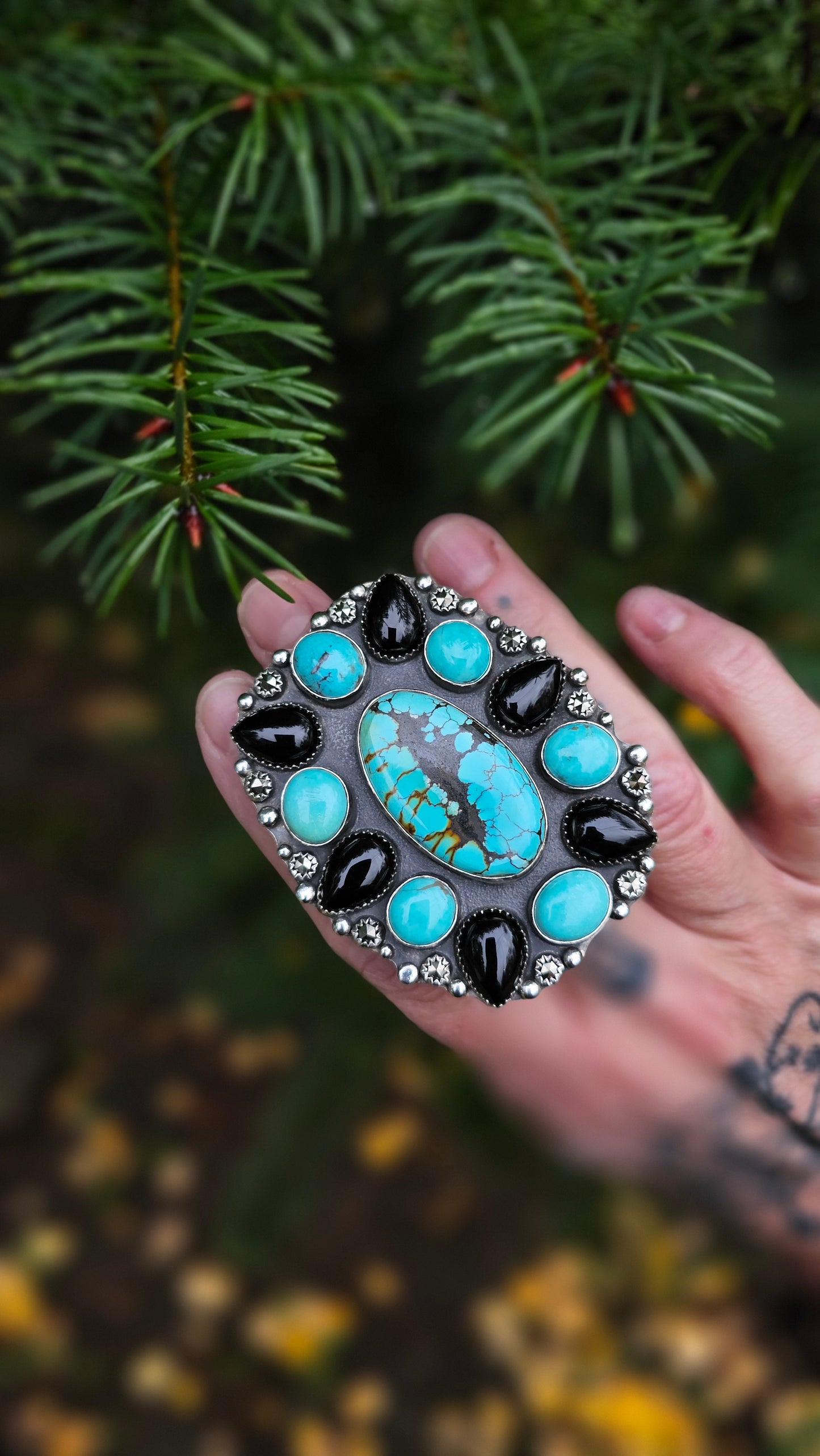 ALPHA Cluster Ring - Hubei and Campitos Turquoise with Onyx and Rosecut Pyrite in Fine and Sterling Silver size 9