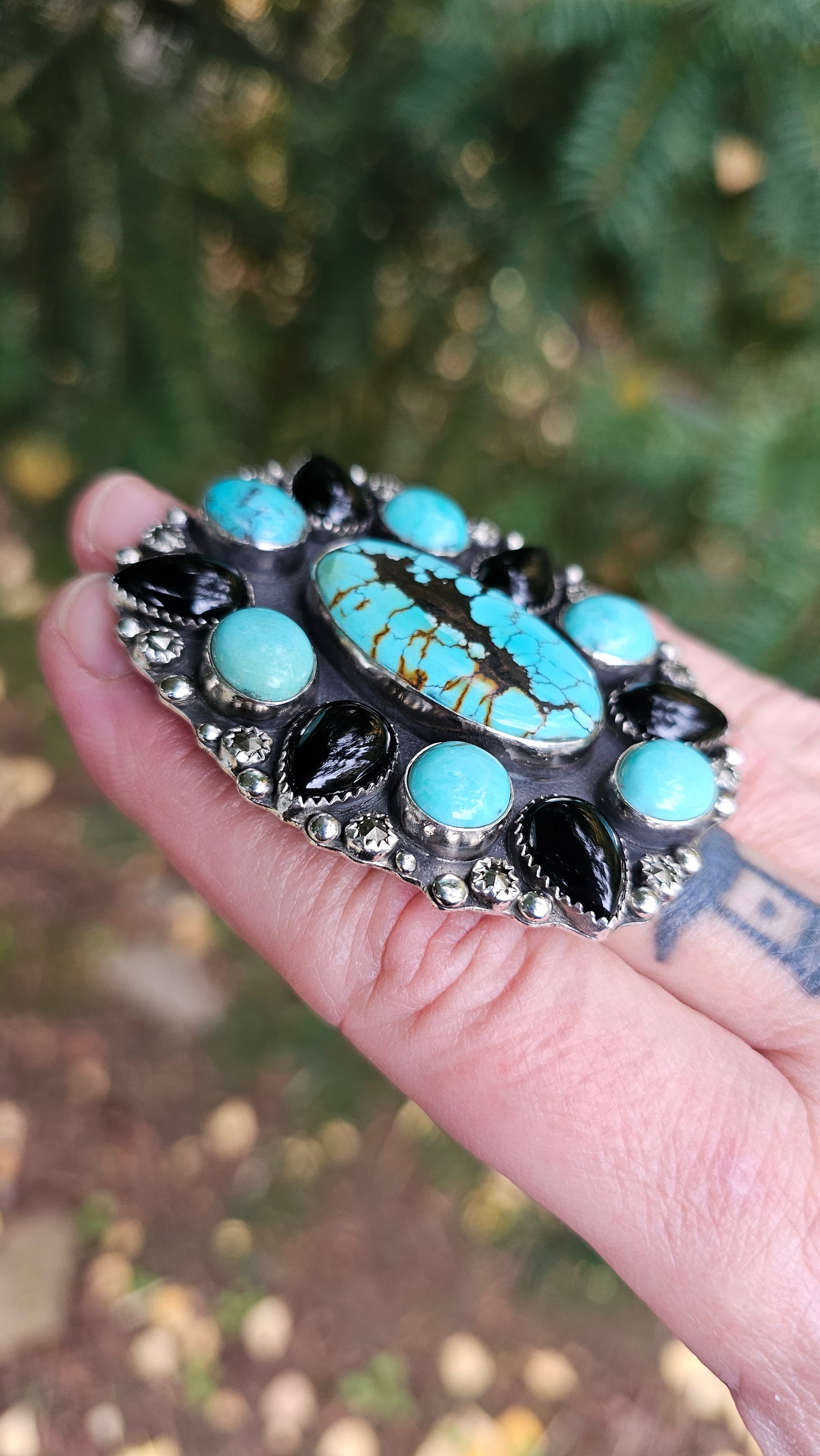 ALPHA Cluster Ring - Hubei and Campitos Turquoise with Onyx and Rosecut Pyrite in Fine and Sterling Silver size 9