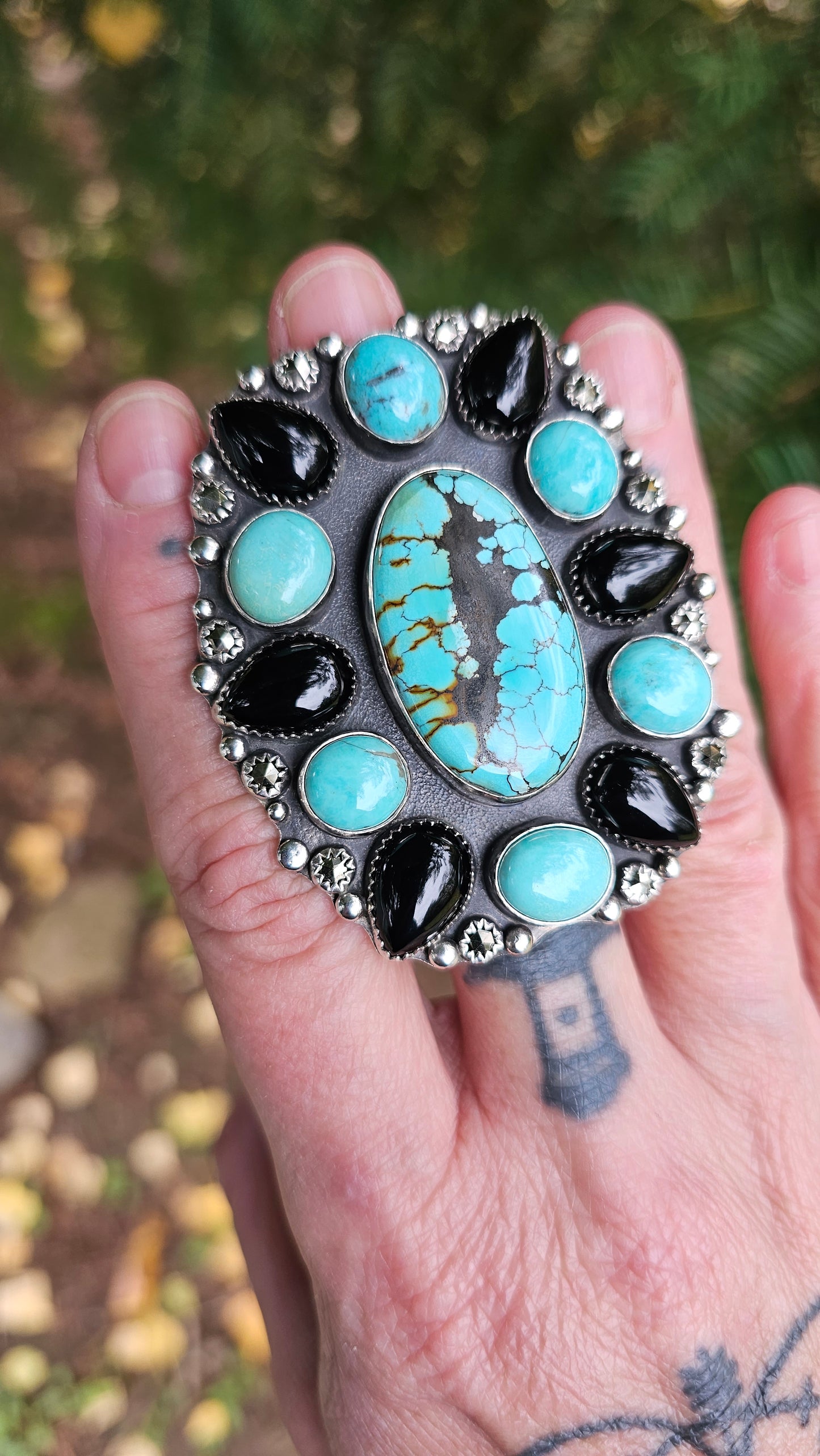 ALPHA Cluster Ring - Hubei and Campitos Turquoise with Onyx and Rosecut Pyrite in Fine and Sterling Silver size 9