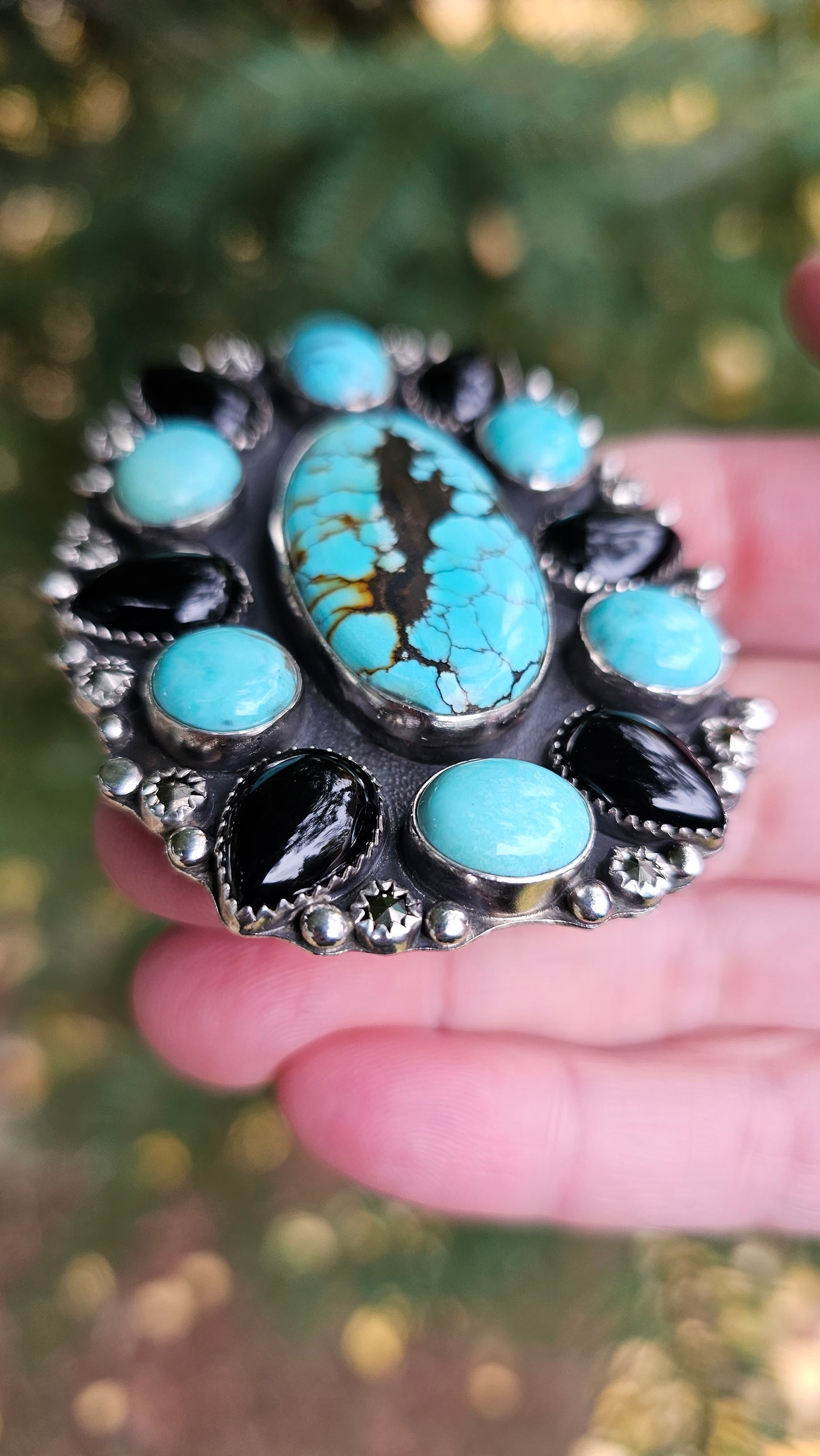 ALPHA Cluster Ring - Hubei and Campitos Turquoise with Onyx and Rosecut Pyrite in Fine and Sterling Silver size 9