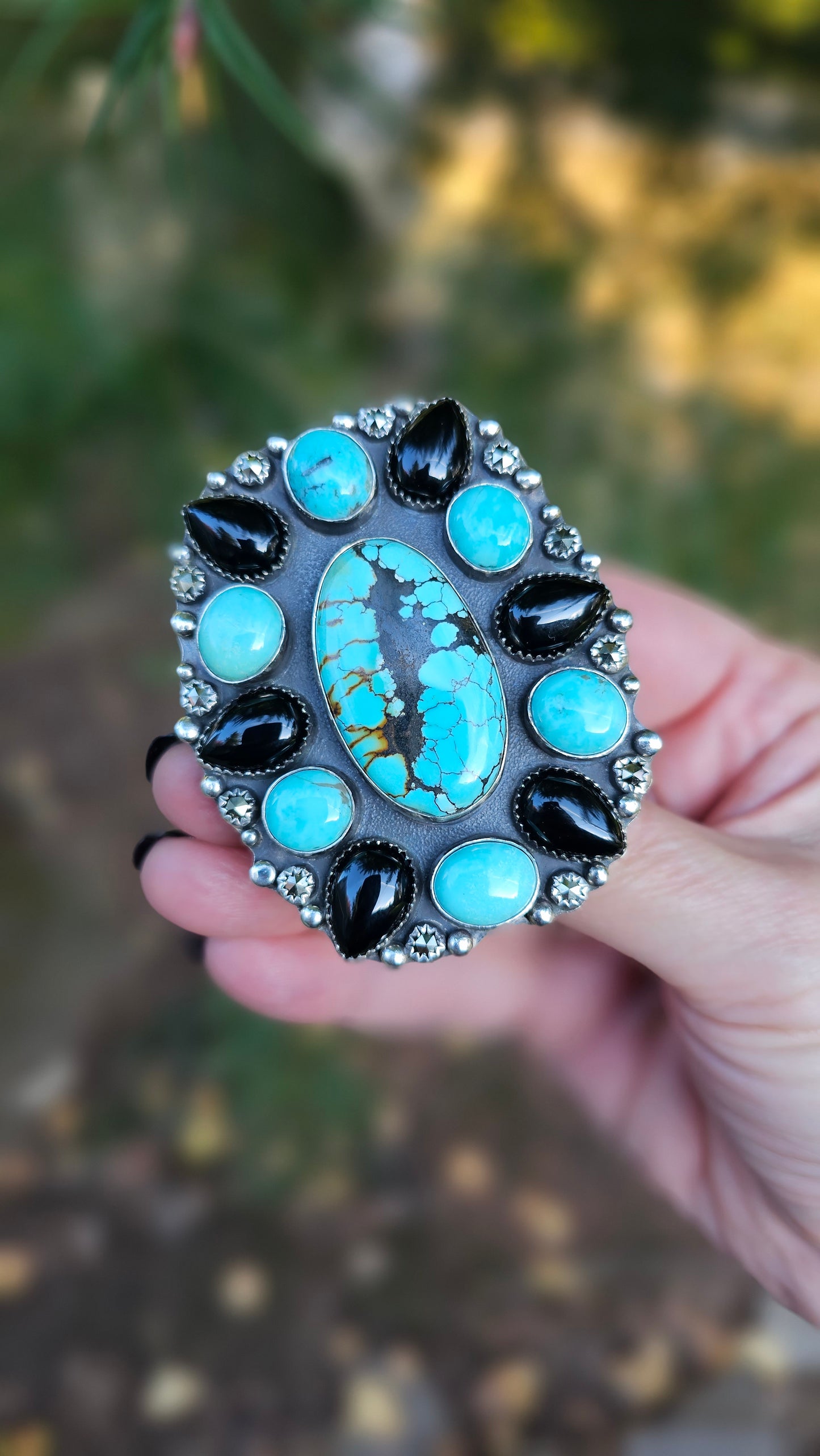 ALPHA Cluster Ring - Hubei and Campitos Turquoise with Onyx and Rosecut Pyrite in Fine and Sterling Silver size 9