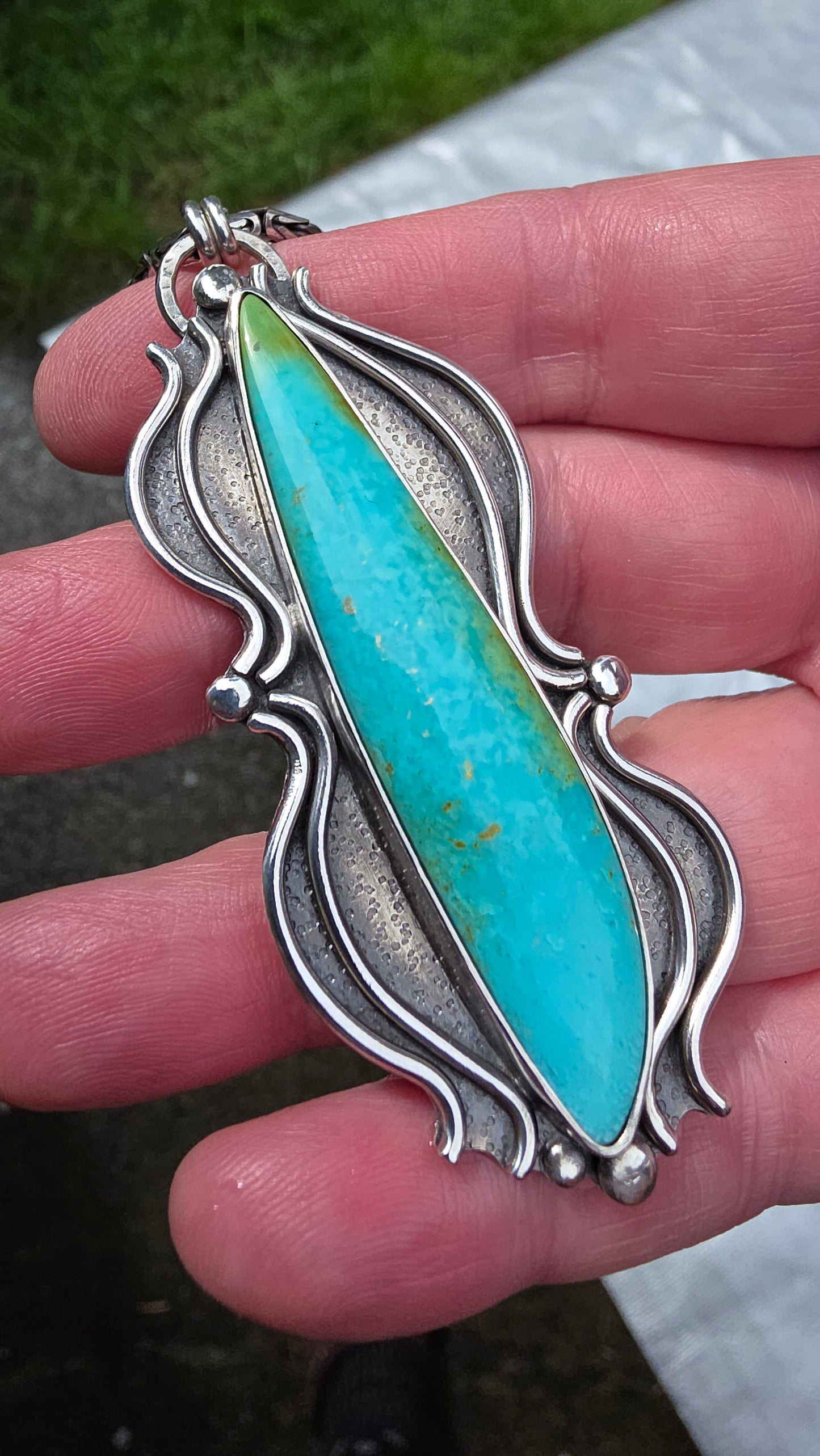 BATTLEBORN Necklace - Sonoran Mountain Turquoise in Fine and Sterling Silver on Vintage Byzantine Chain