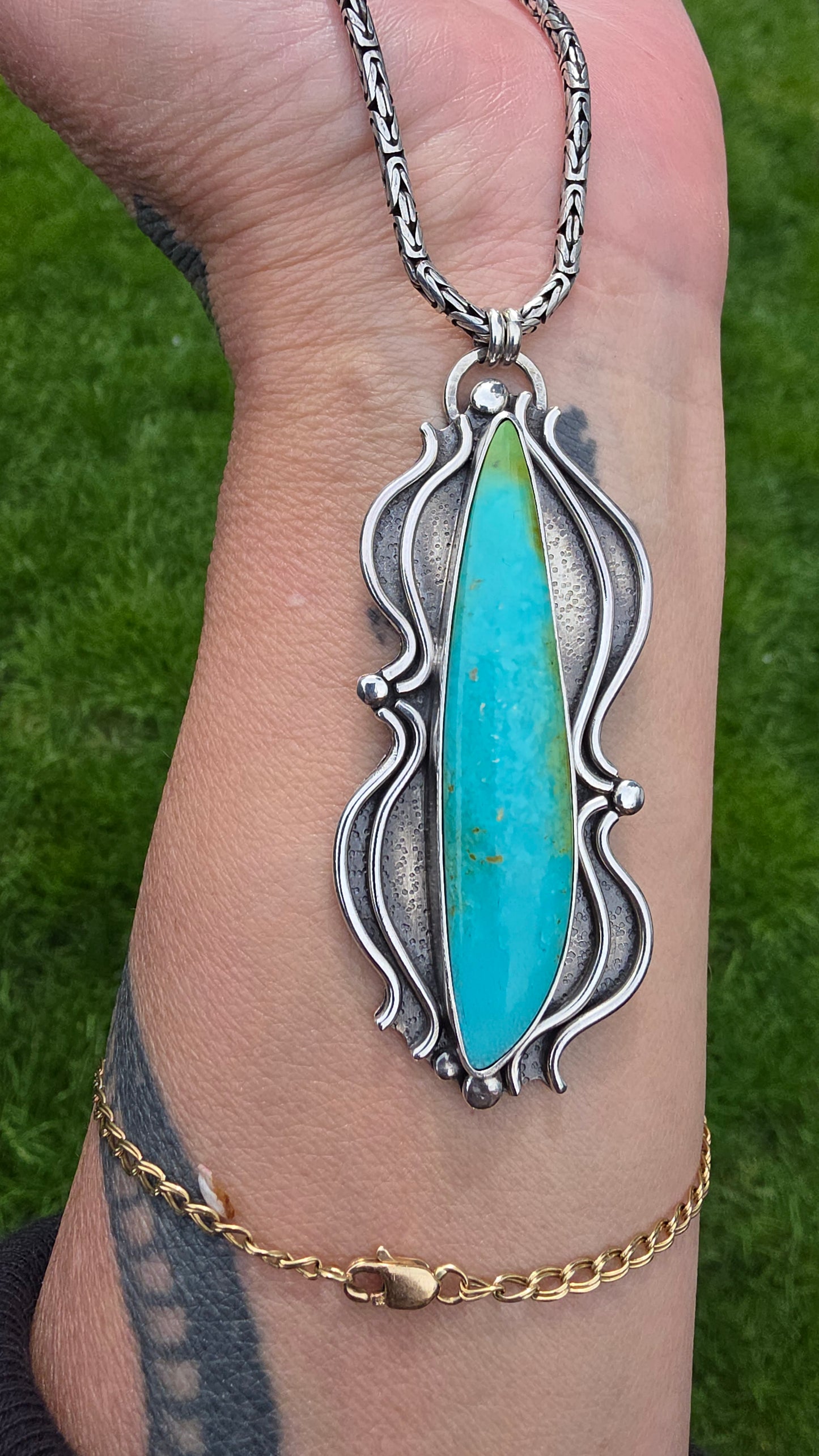 BATTLEBORN Necklace - Sonoran Mountain Turquoise in Fine and Sterling Silver on Vintage Byzantine Chain