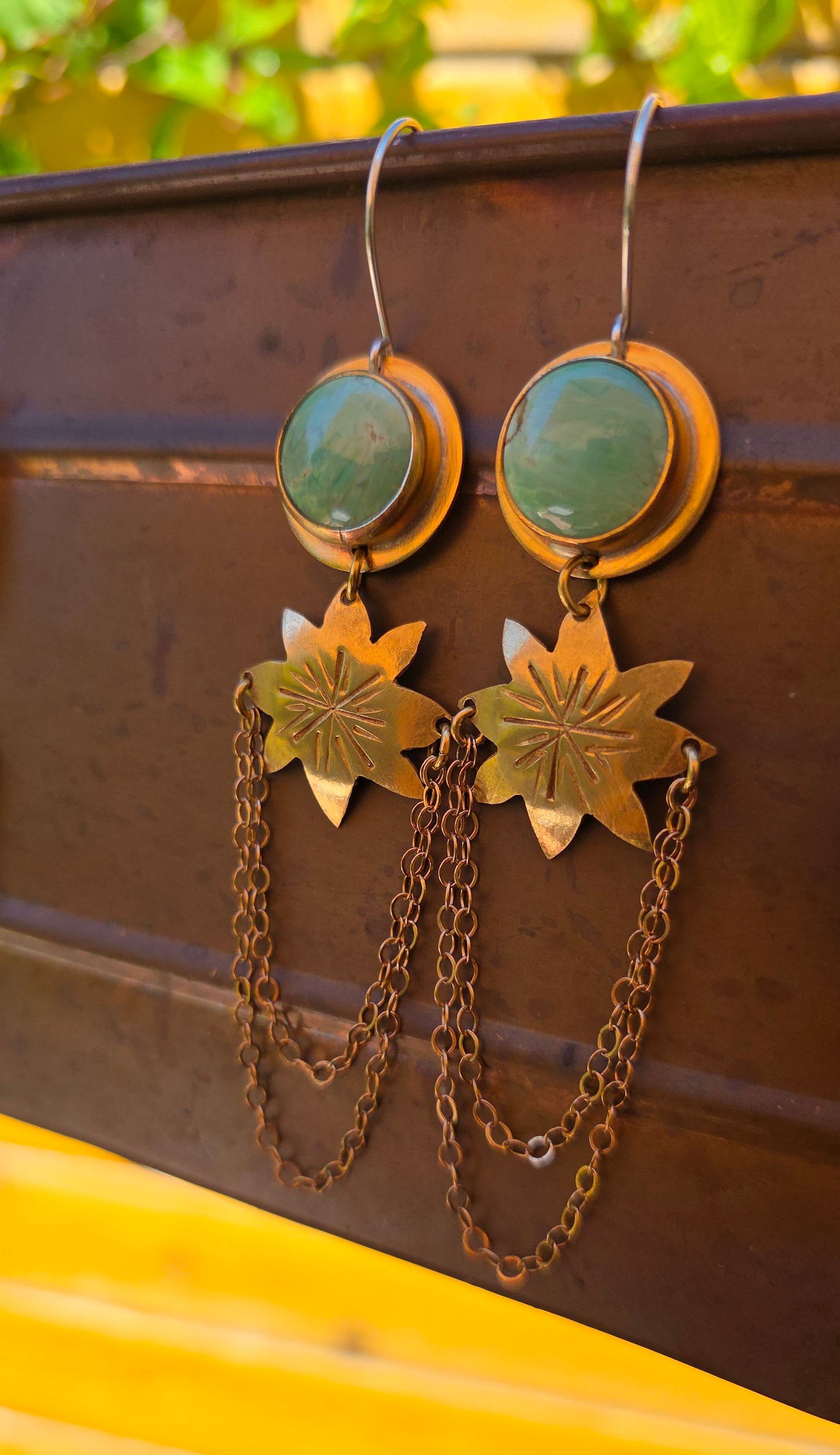 SUN'S GOLDEN GREEN Earrings - Australian Variscite in Jeweler's Brass with Sterling Silver Ear Wires