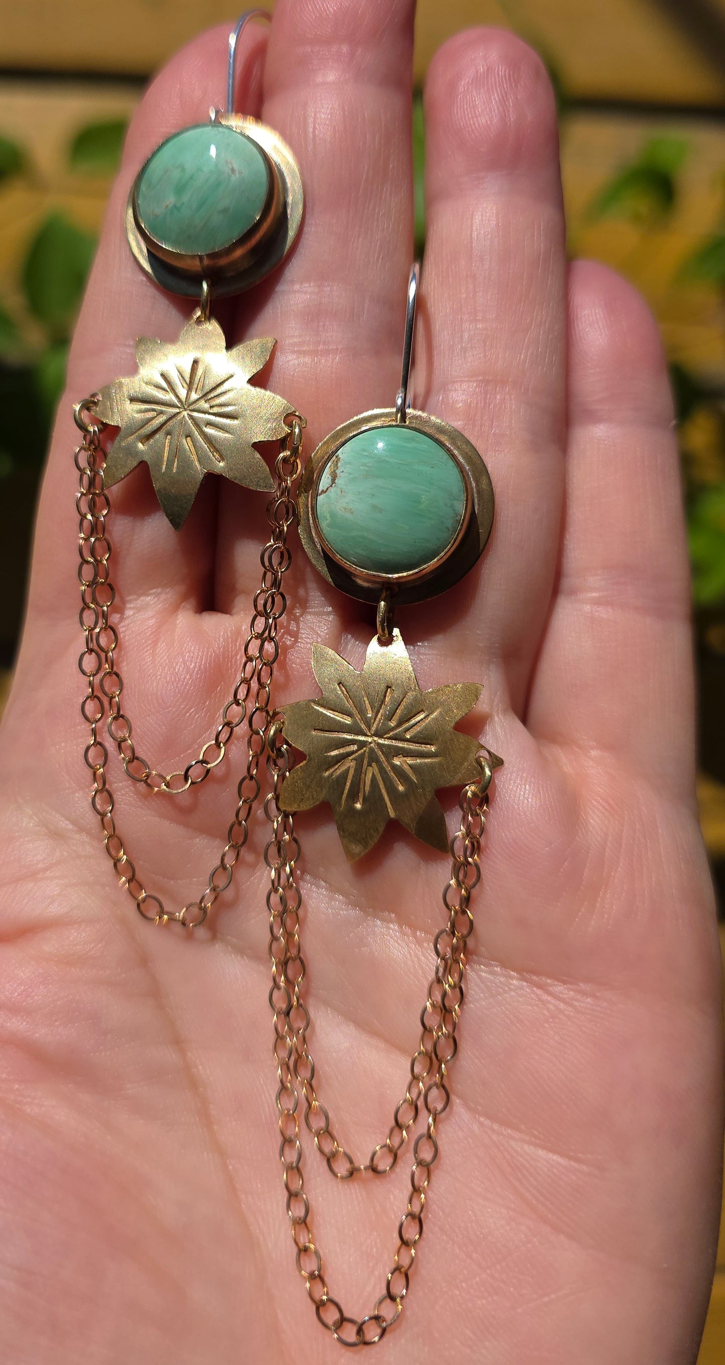SUN'S GOLDEN GREEN Earrings - Australian Variscite in Jeweler's Brass with Sterling Silver Ear Wires