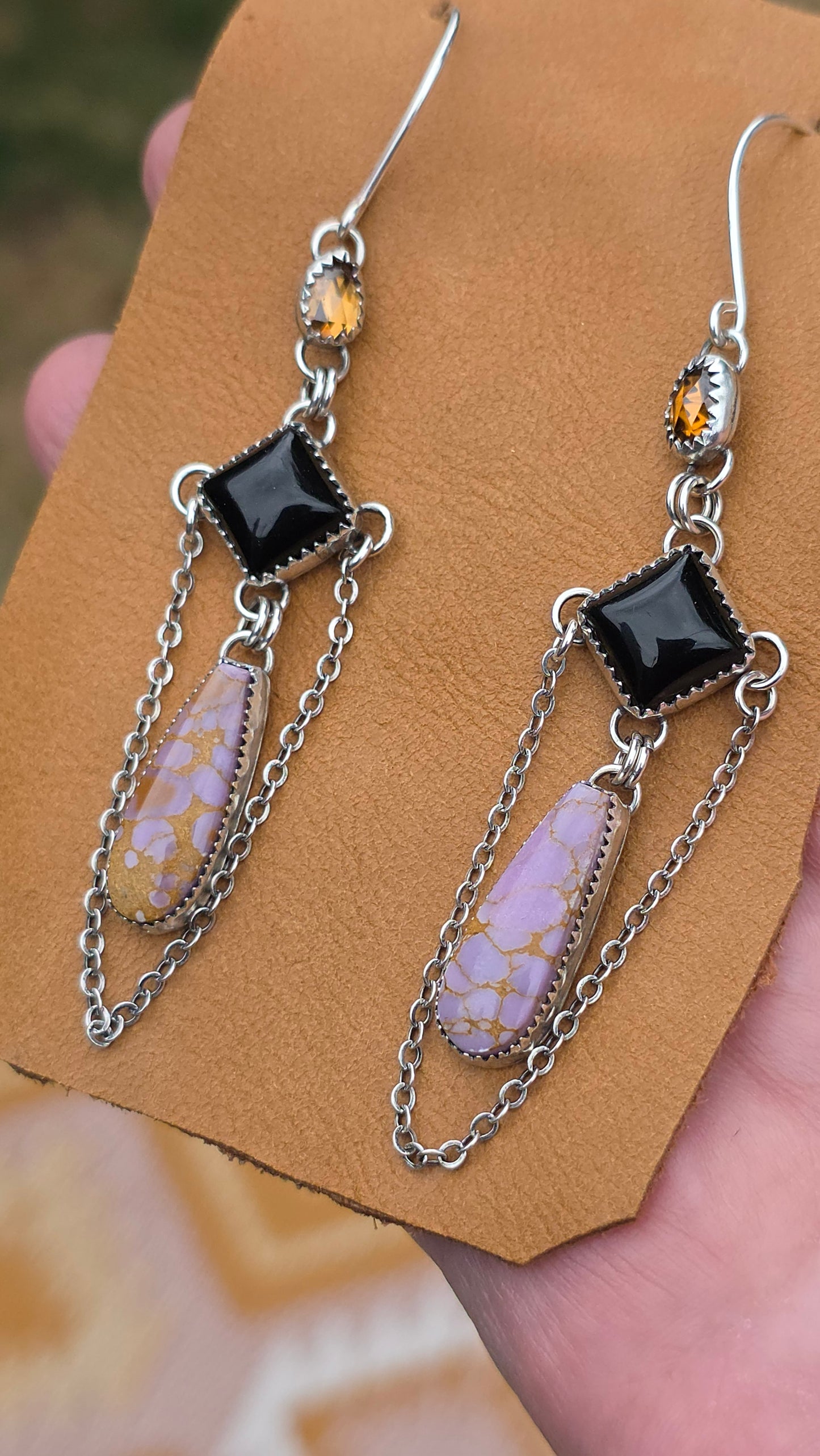 MAJESTÉ Earrings - Phosphosiderite, Onyx and Rose Cut Zircon in Fine and Sterling Silver