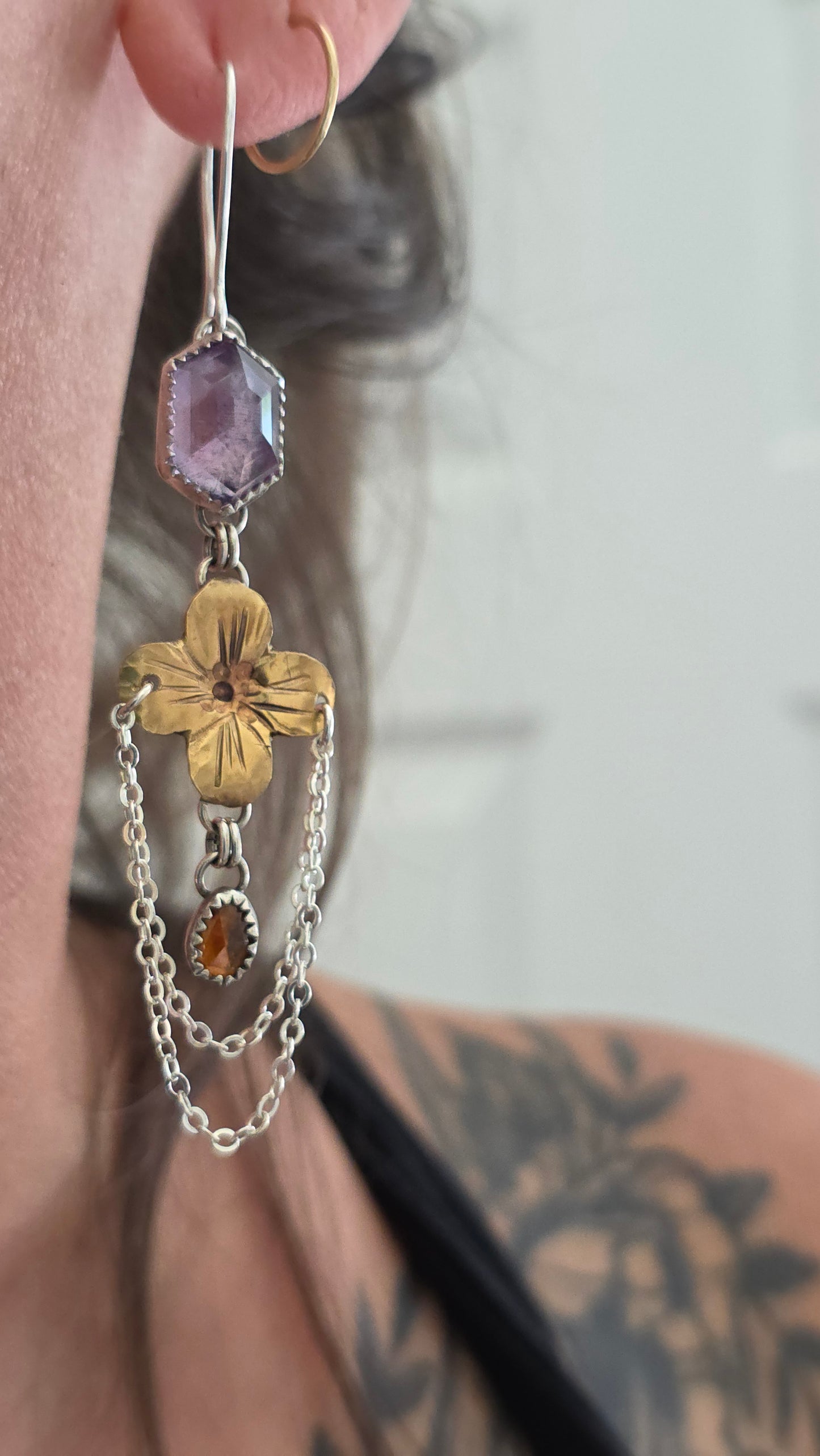 HEX Drop Earrings - Hex Cut Amethyst and Rose Cut Zircon in Fine and Sterling Silver with Brass Accent