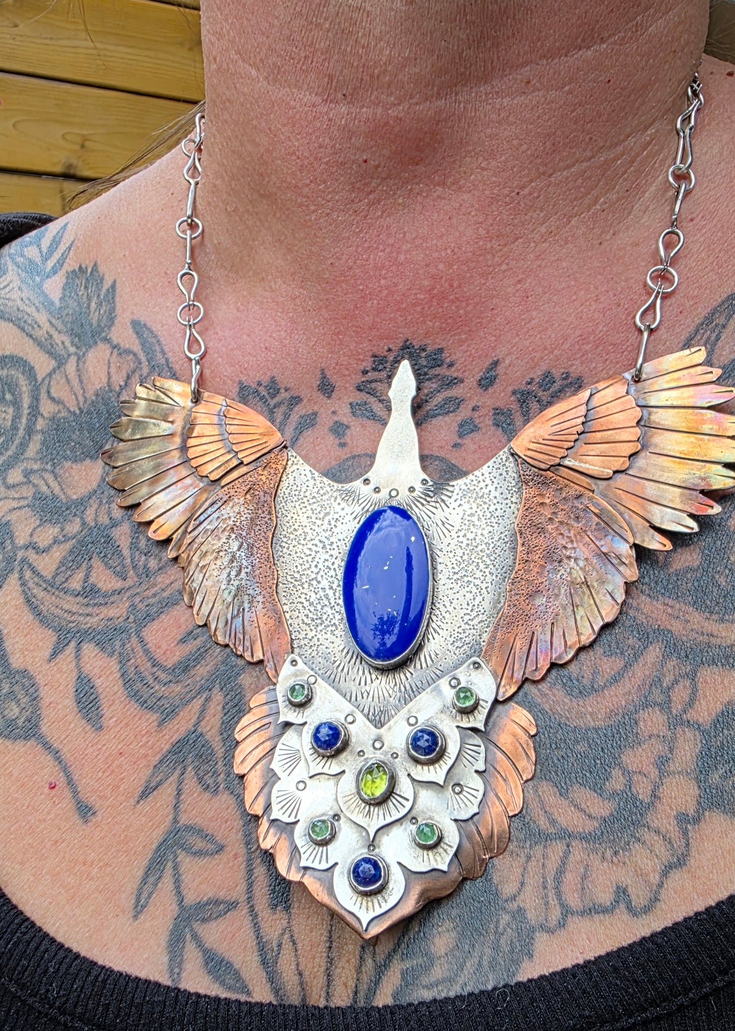 x SHINE BRIGHT LIKE A PEACOCK IN THE GOLDEN SUN Statement Necklace- Lapis Lazuli and Peridot in Sterling Silver and Copper