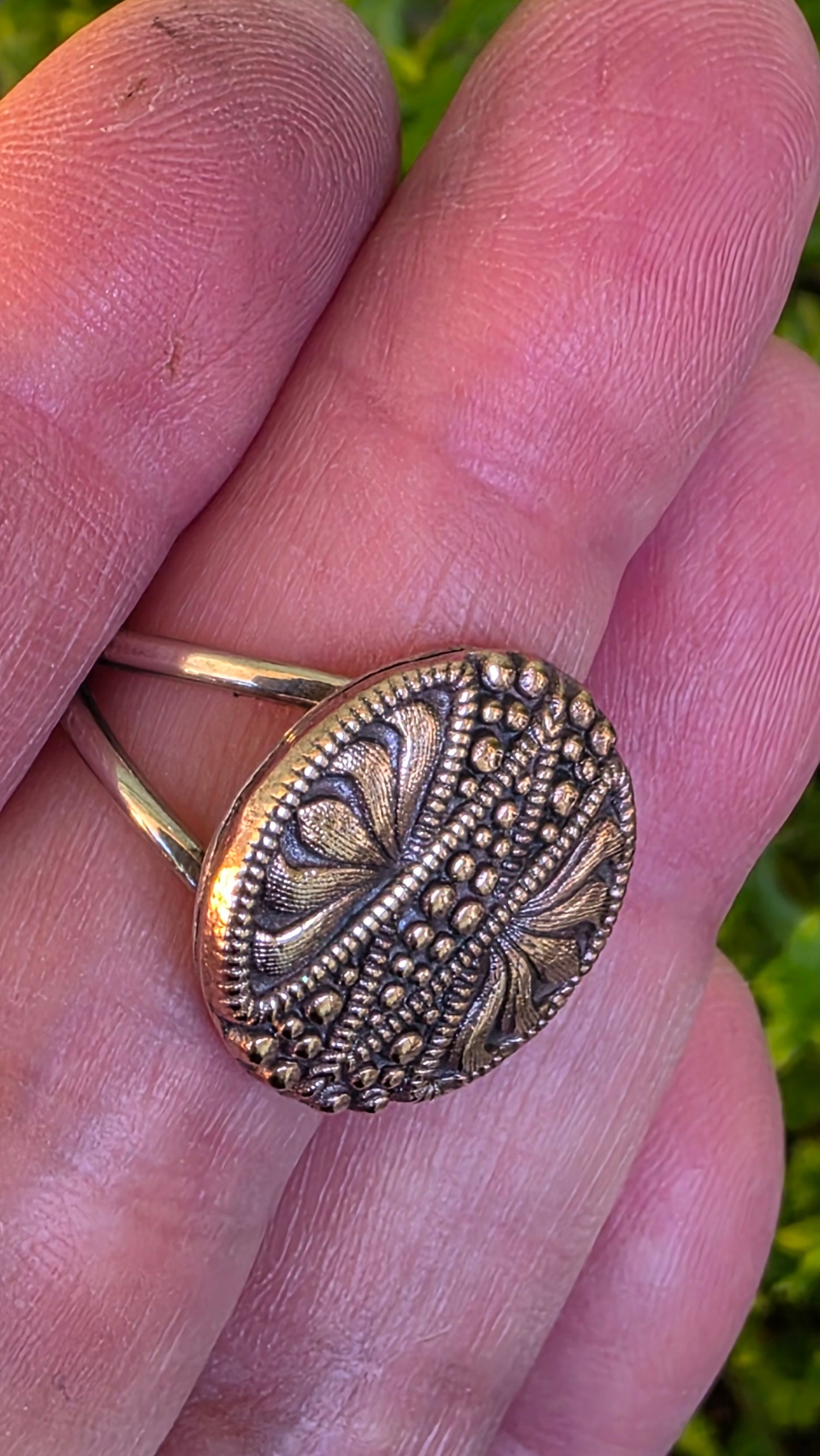 ORNATE BUTTON Ring - (size 7) Solid Bronze and Sterling Silver