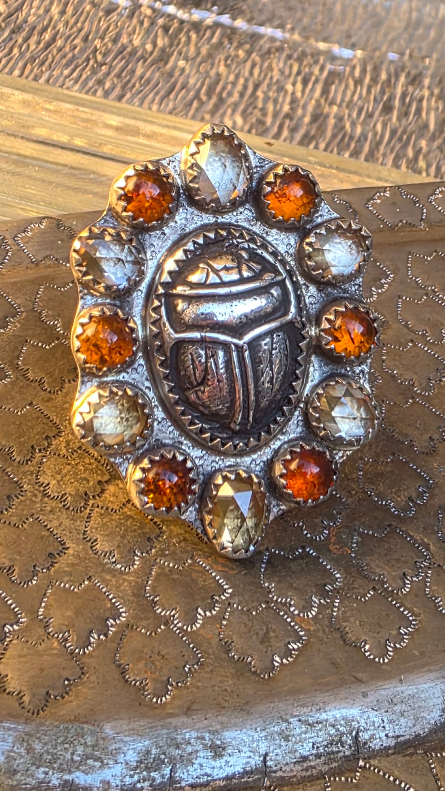GUARDIAN Ring - (size 8-8.25) Fine Silver Scarab with Rose Cut Zircon and Baltic Amber in Fine and Sterling Silver