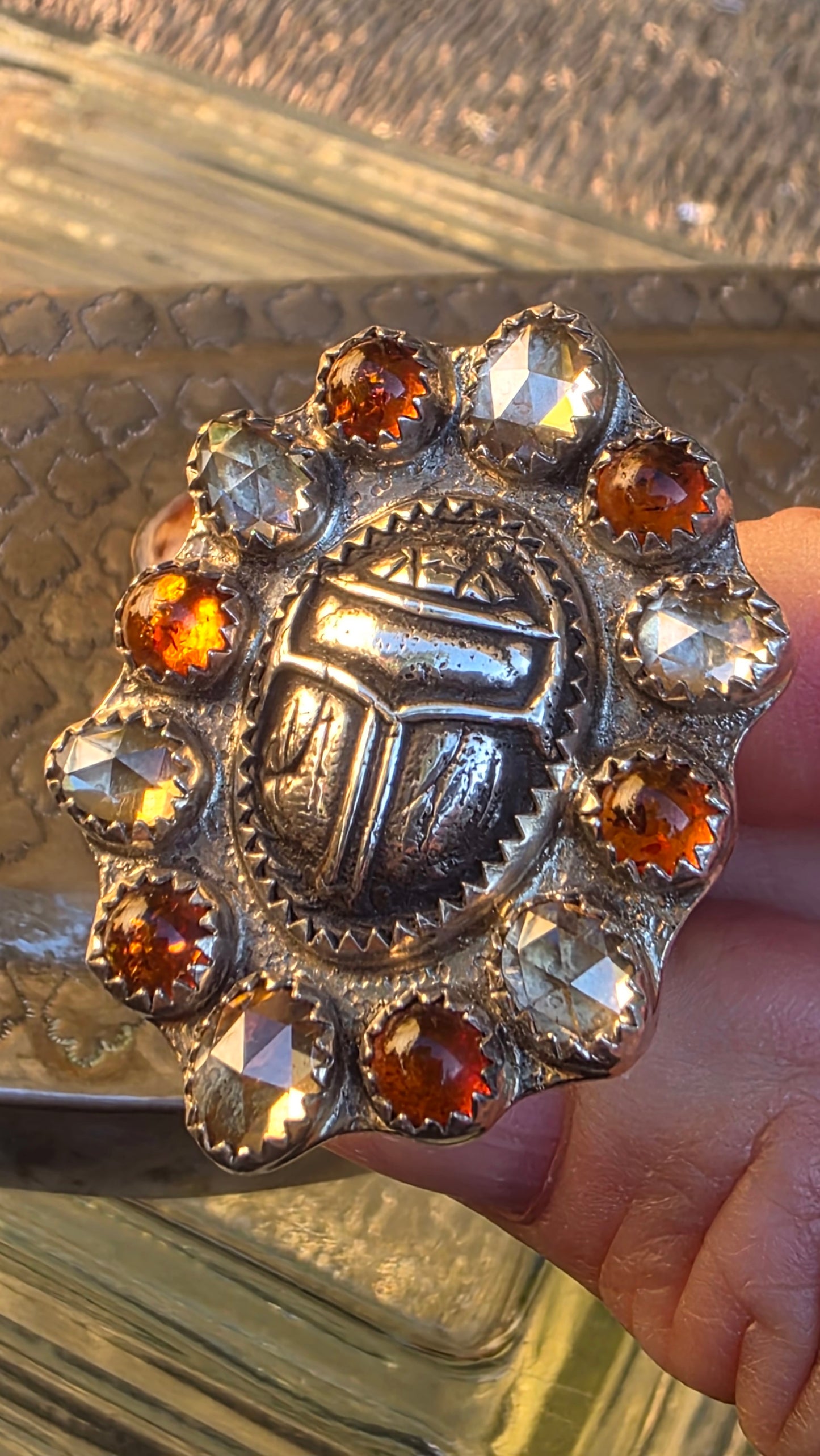 GUARDIAN Ring - (size 8-8.25) Fine Silver Scarab with Rose Cut Zircon and Baltic Amber in Fine and Sterling Silver