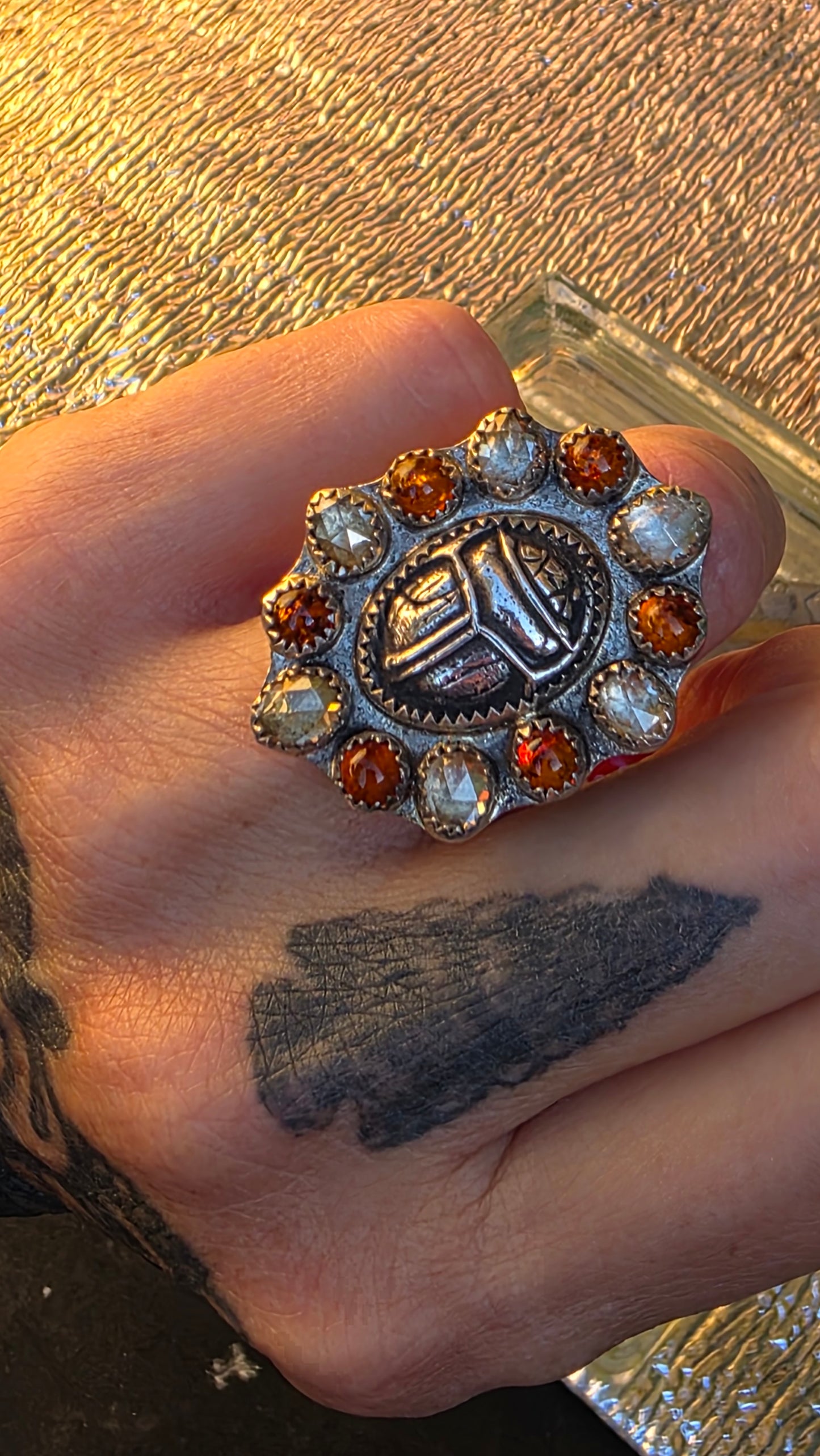 GUARDIAN Ring - (size 8-8.25) Fine Silver Scarab with Rose Cut Zircon and Baltic Amber in Fine and Sterling Silver