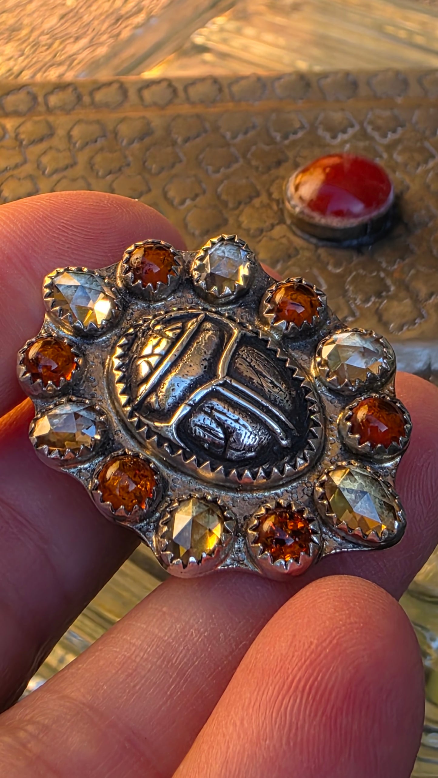 GUARDIAN Ring - (size 8-8.25) Fine Silver Scarab with Rose Cut Zircon and Baltic Amber in Fine and Sterling Silver