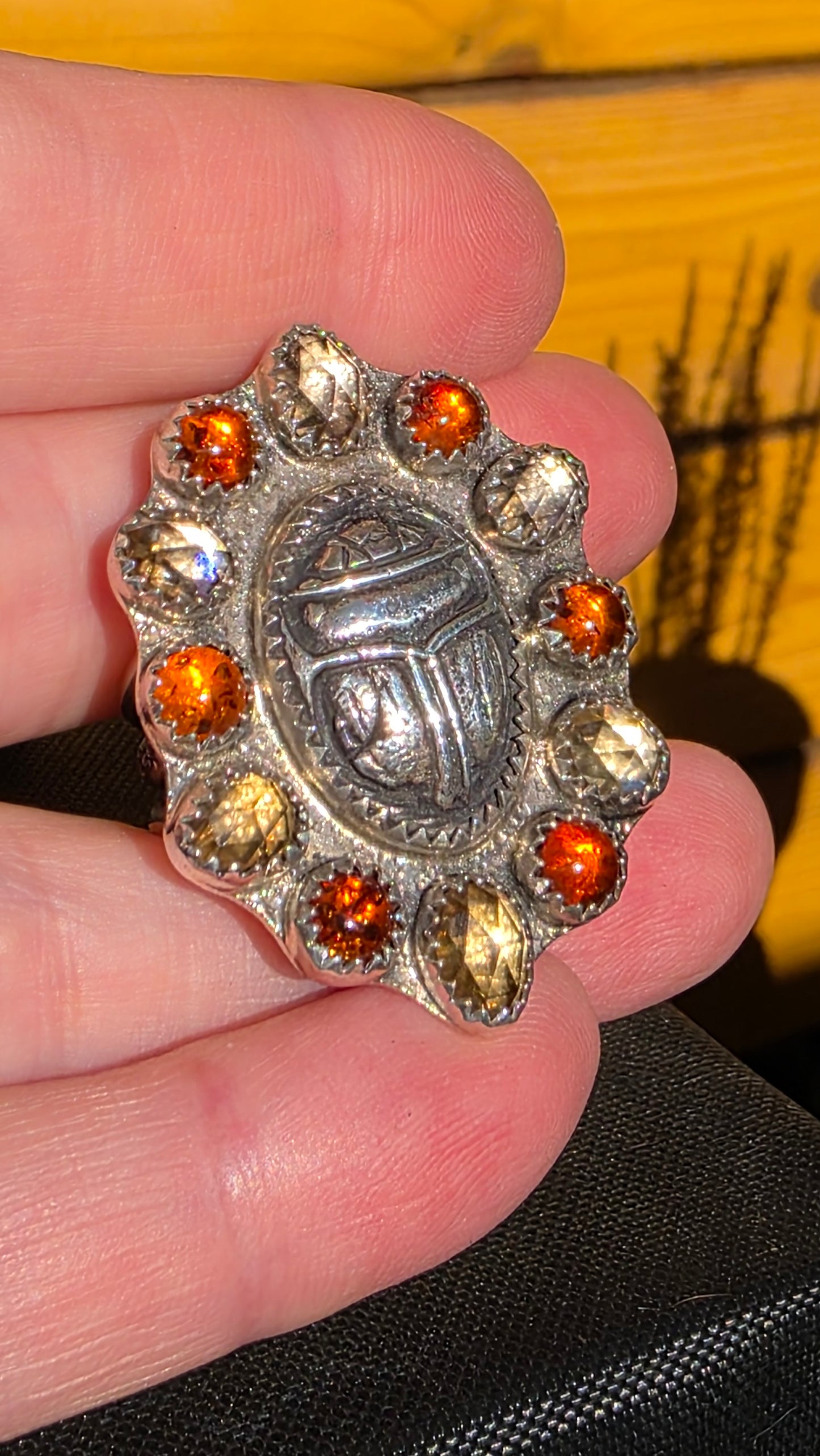 GUARDIAN Ring - (size 8-8.25) Fine Silver Scarab with Rose Cut Zircon and Baltic Amber in Fine and Sterling Silver
