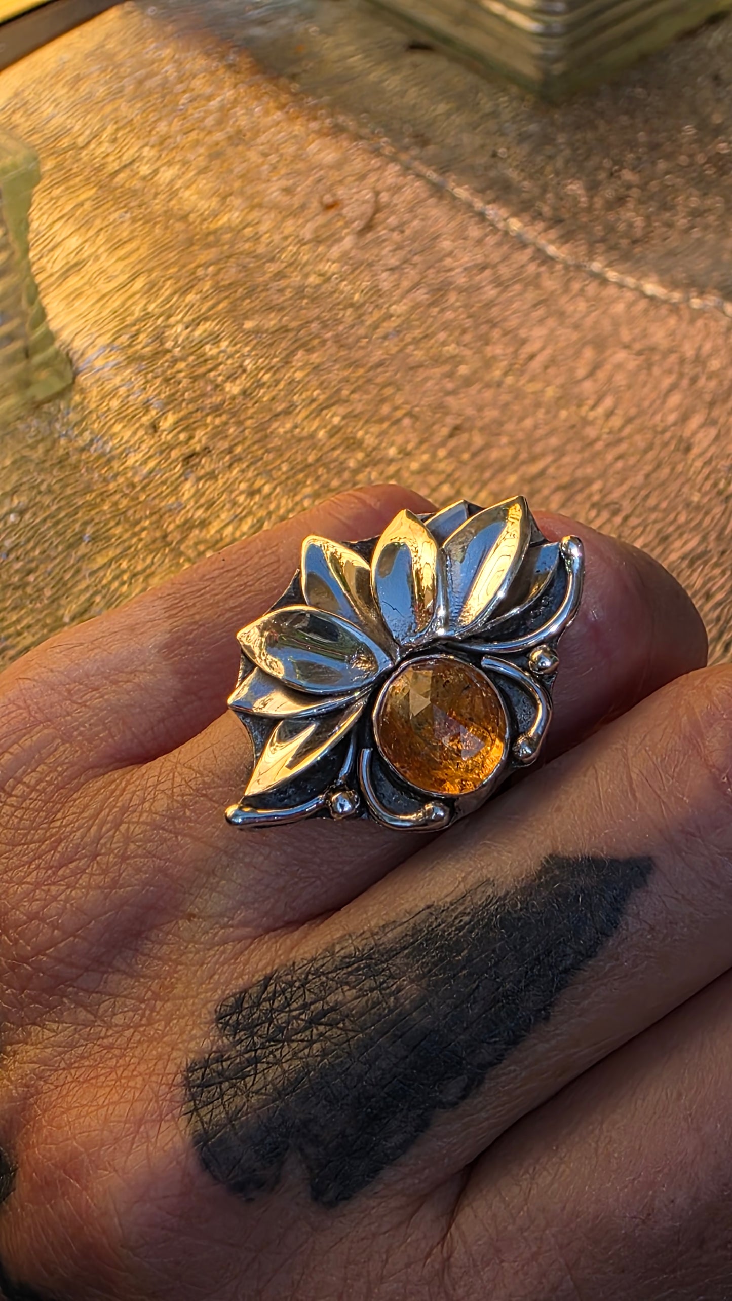 HALF LOTUS Ring - (size 8.5) Rose Cut Imperial Topaz in All Sterling Silver