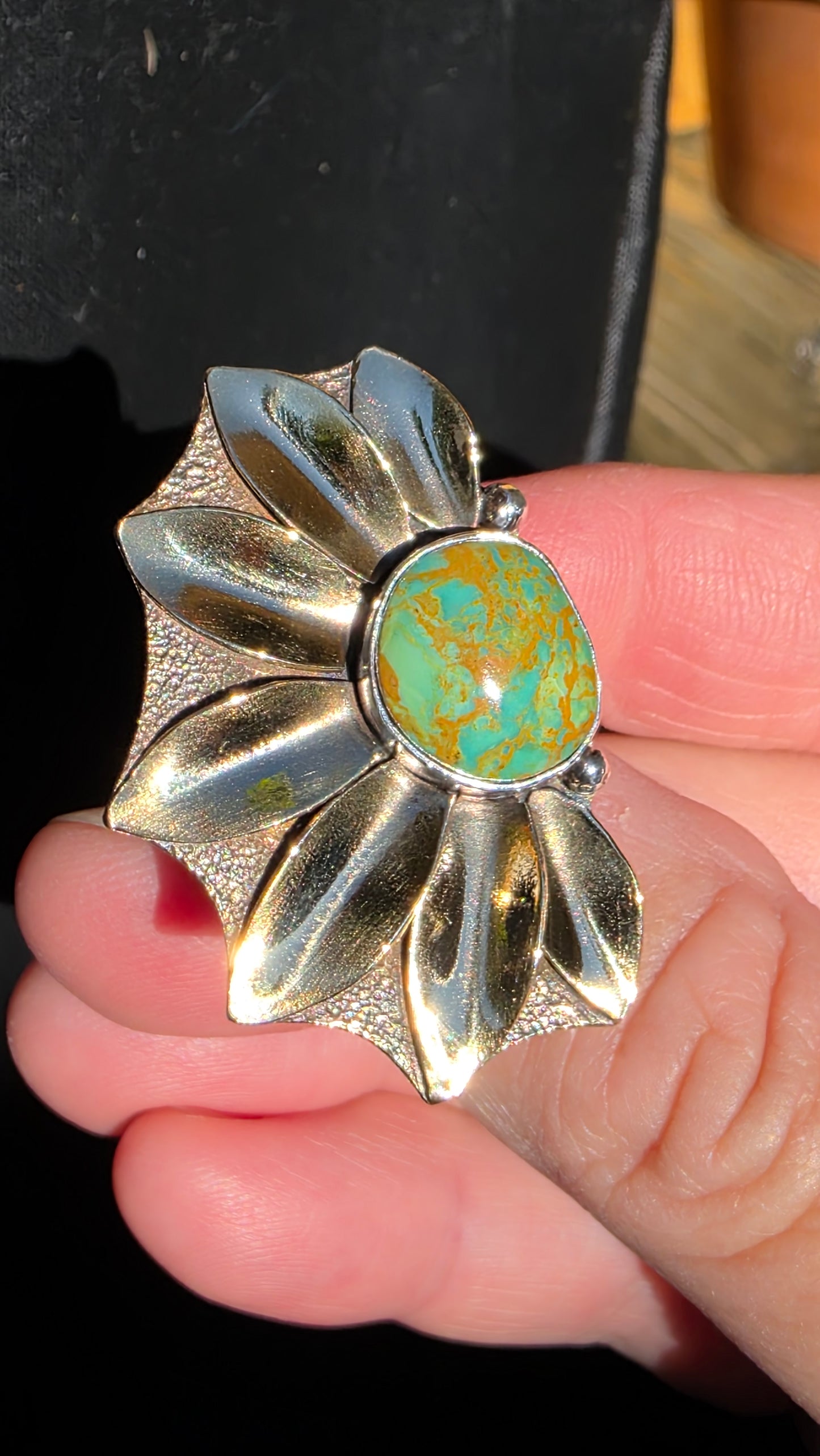 HALF PETALS Ring - (size 6.75-7) Rising Phoenix Turquoise in Sterling Silver and Jeweler's Brass