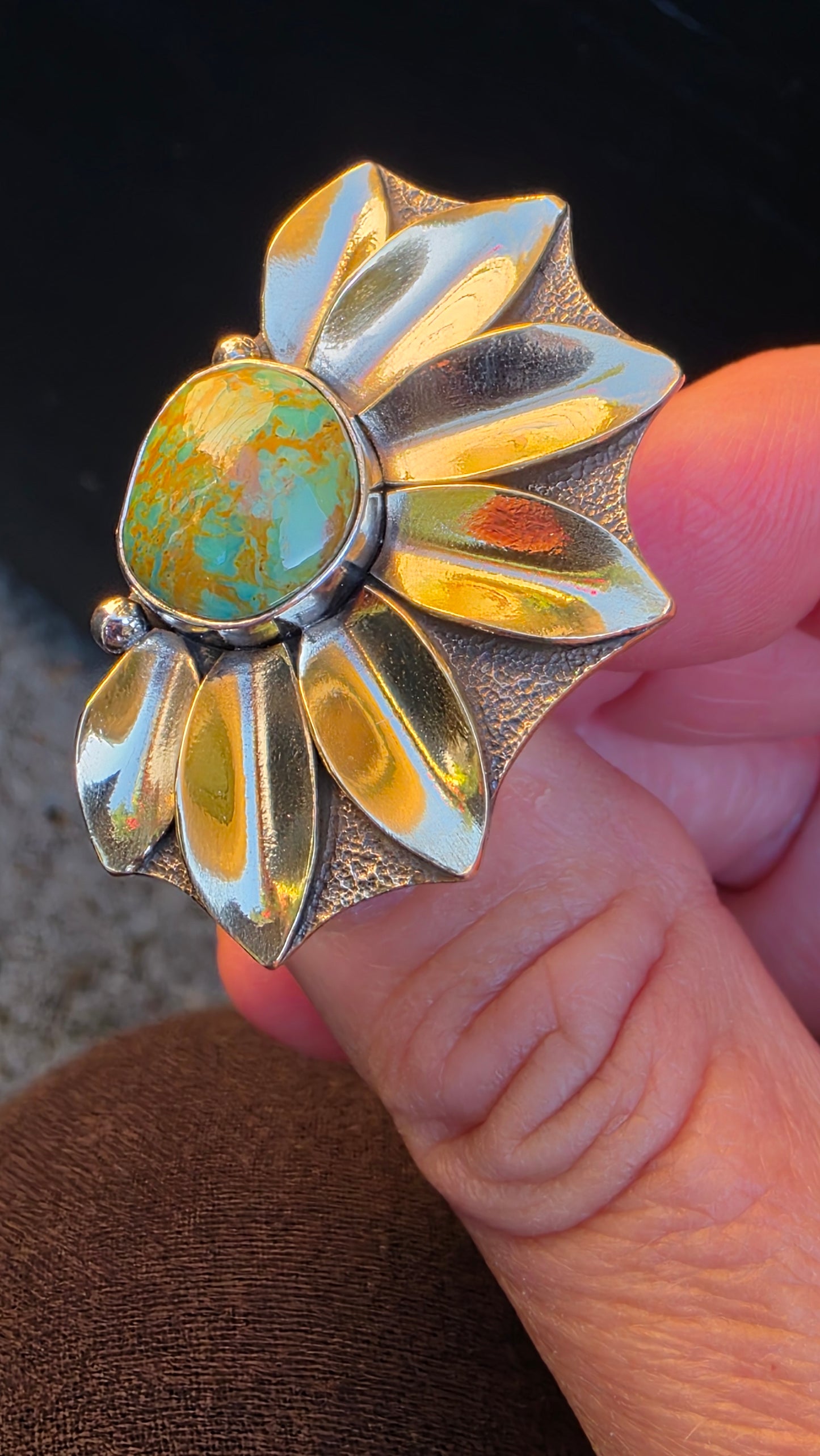 HALF PETALS Ring - (size 6.75-7) Rising Phoenix Turquoise in Sterling Silver and Jeweler's Brass