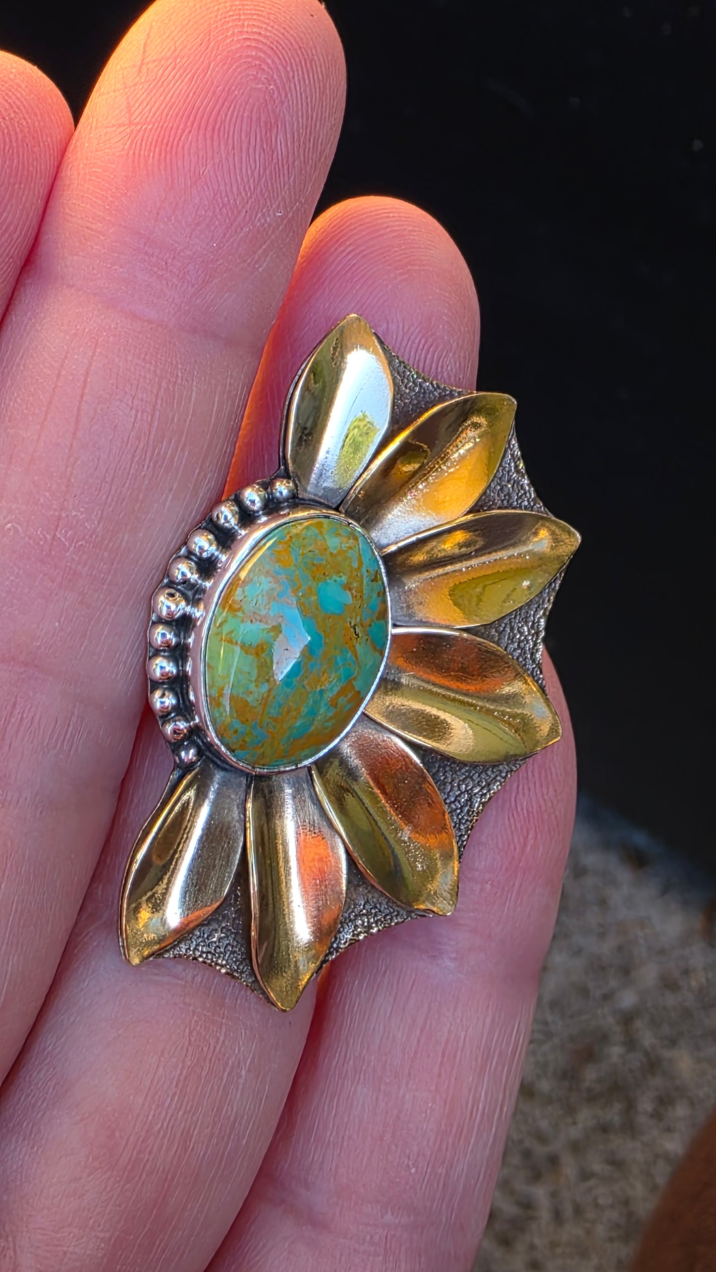 HALF PETALS Ring - (size 5.5- 5.75) Rising Phoenix Turquoise in Sterling Silver and Jeweler's Brass