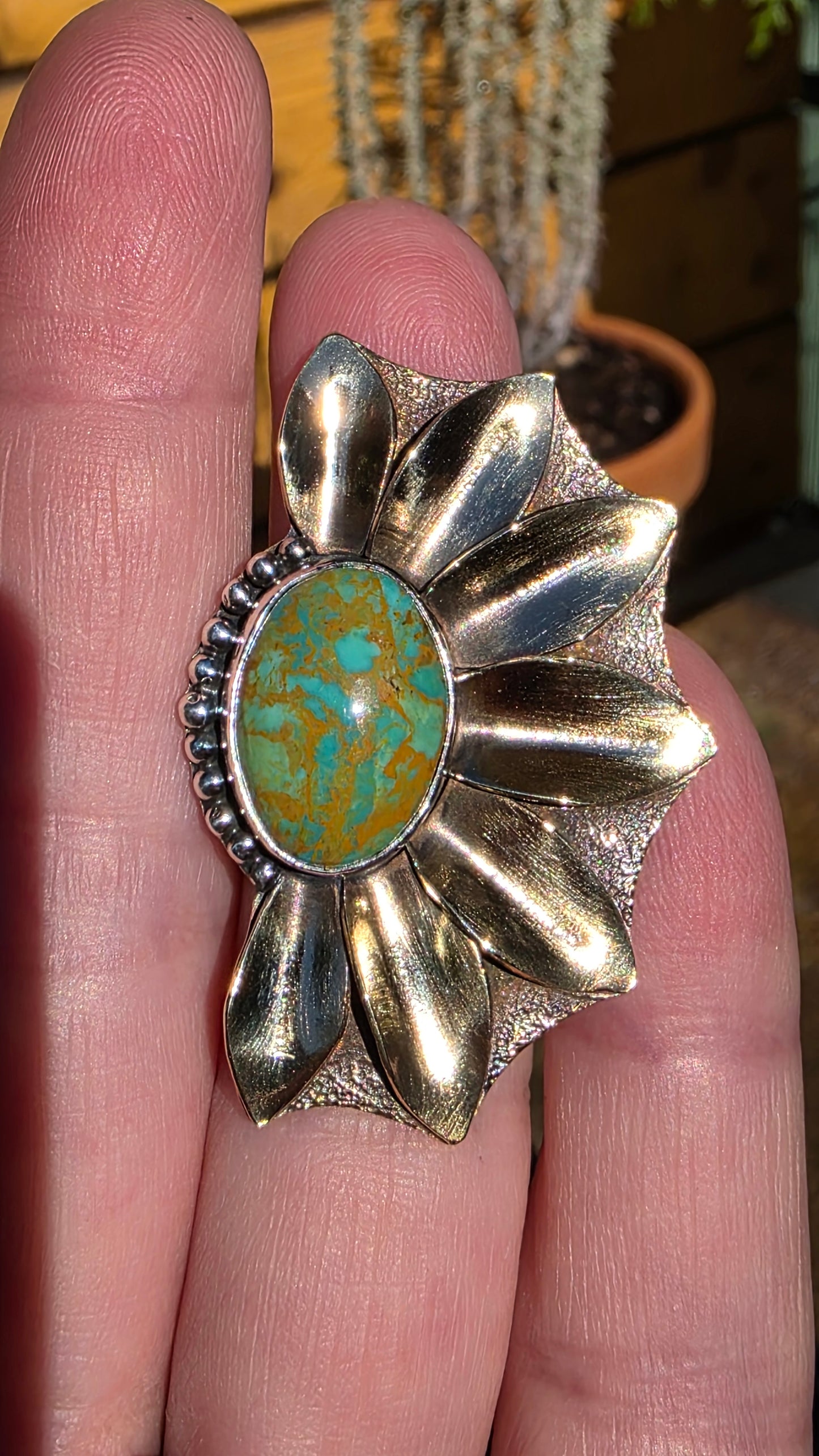 HALF PETALS Ring - (size 5.5- 5.75) Rising Phoenix Turquoise in Sterling Silver and Jeweler's Brass