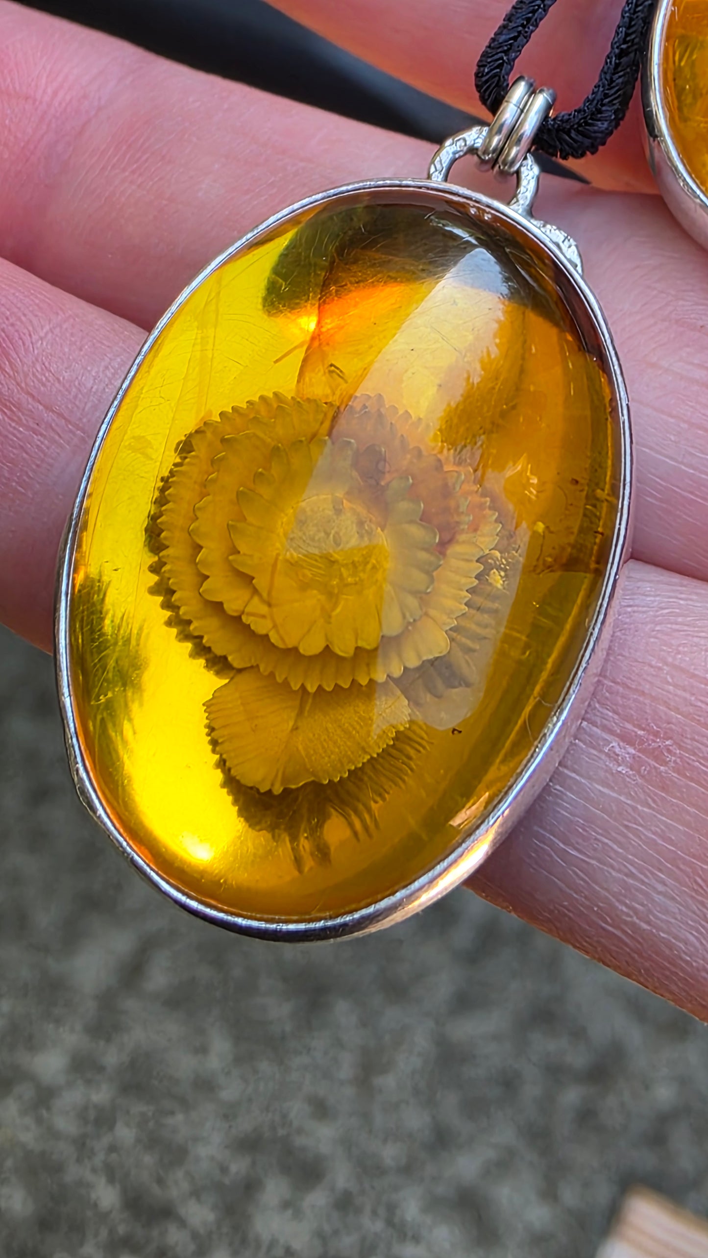 INTAGLIO AMBER POPPY Pendant - Sterling and Fine Silver