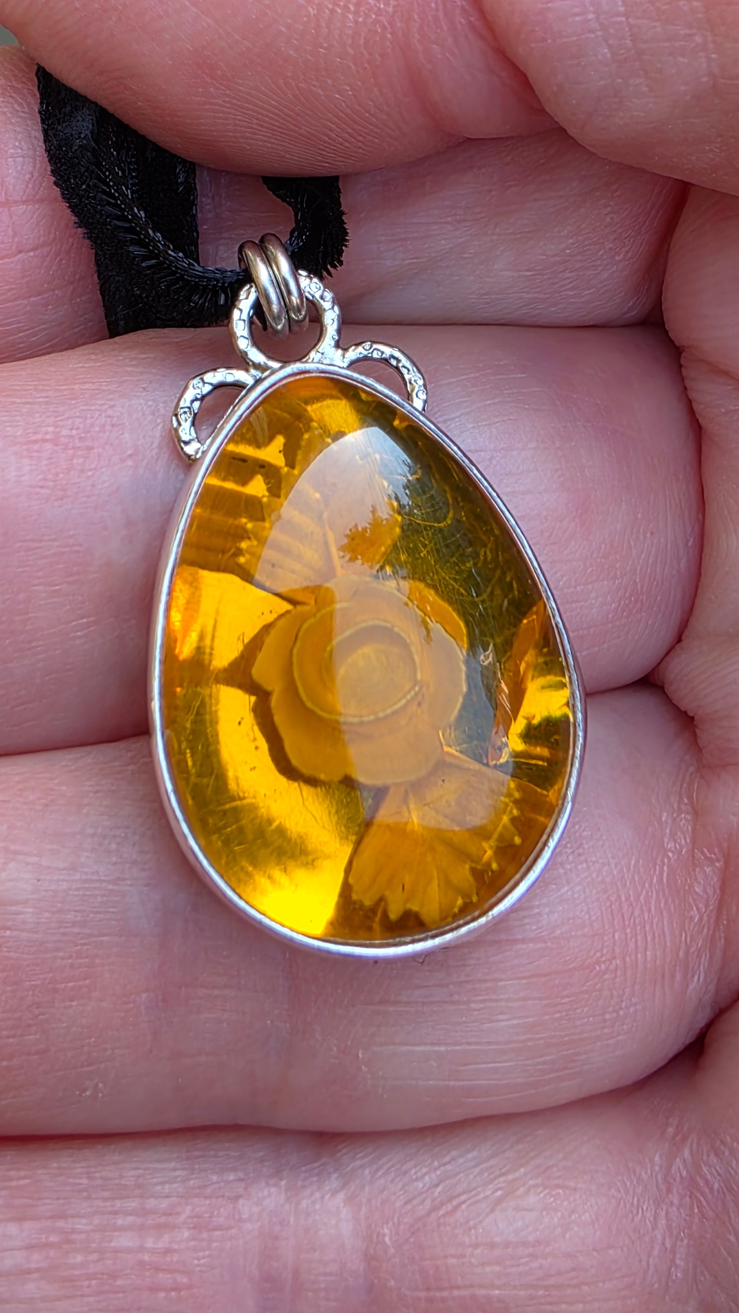 INTAGLIO AMBER ROSE Pendant - Sterling and Fine Silver