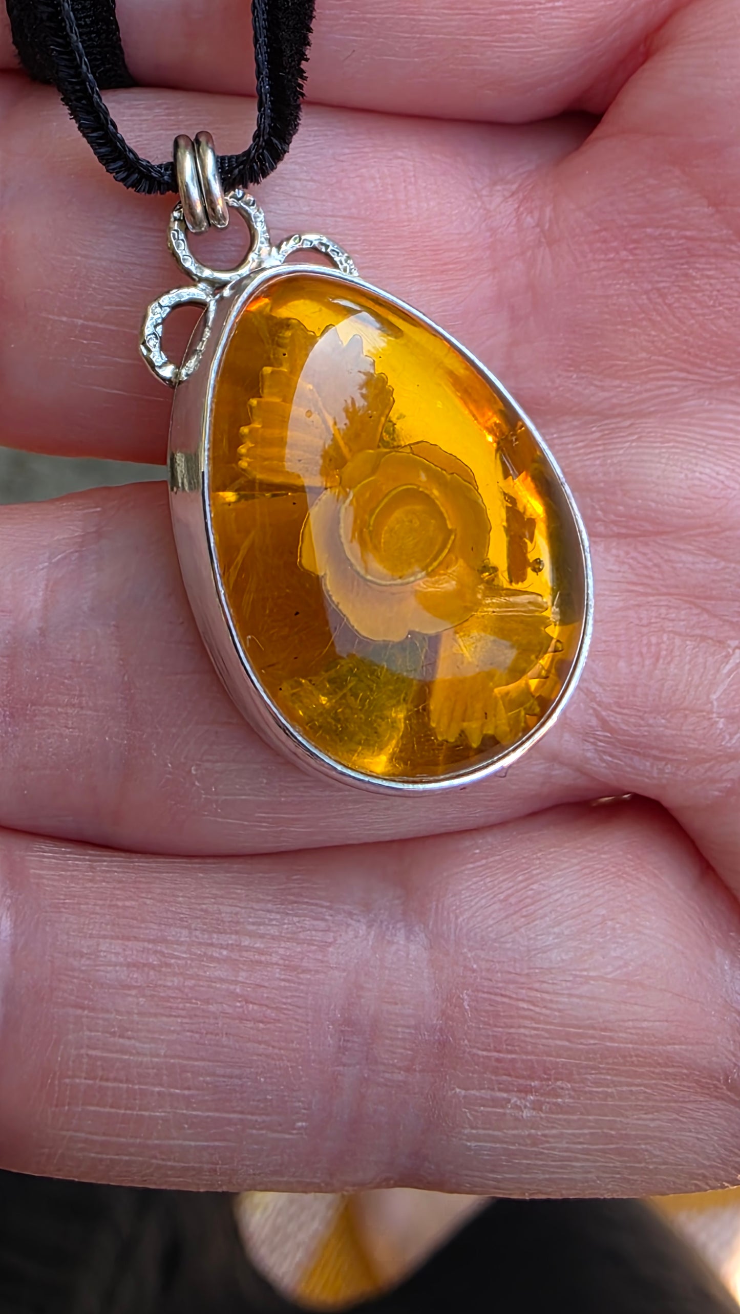 INTAGLIO AMBER ROSE Pendant - Sterling and Fine Silver