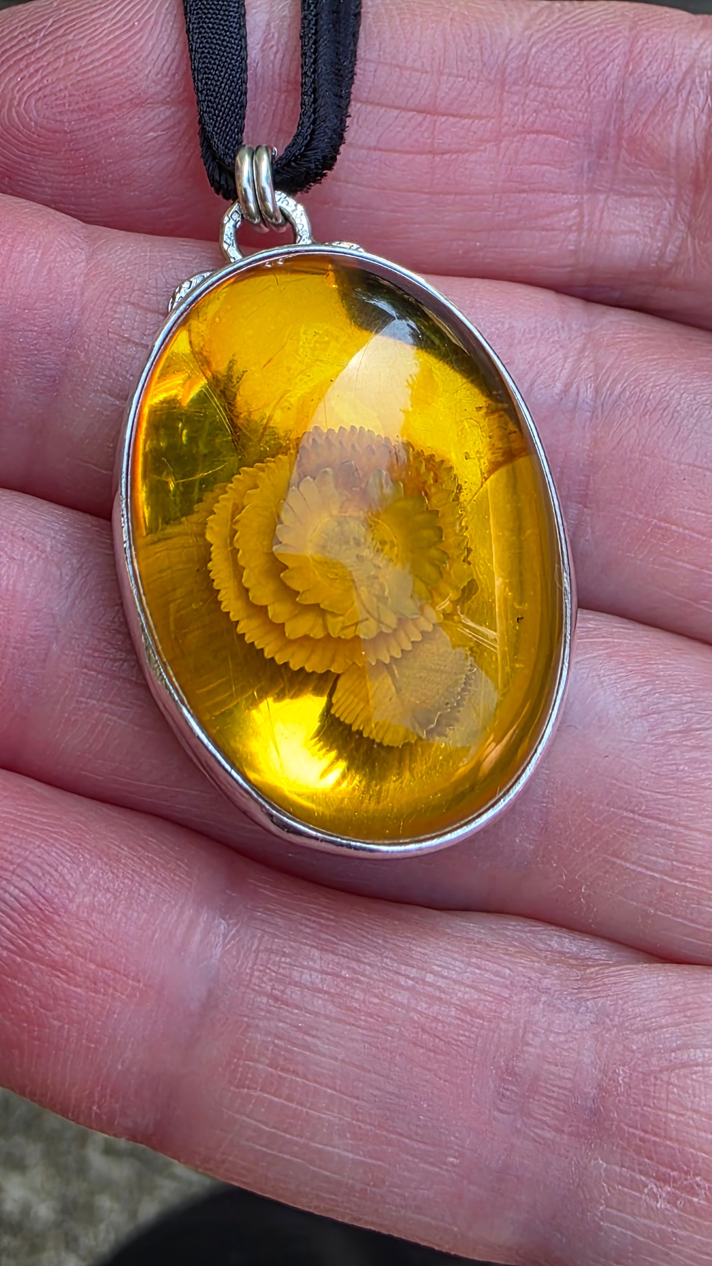 INTAGLIO AMBER POPPY Pendant - Sterling and Fine Silver