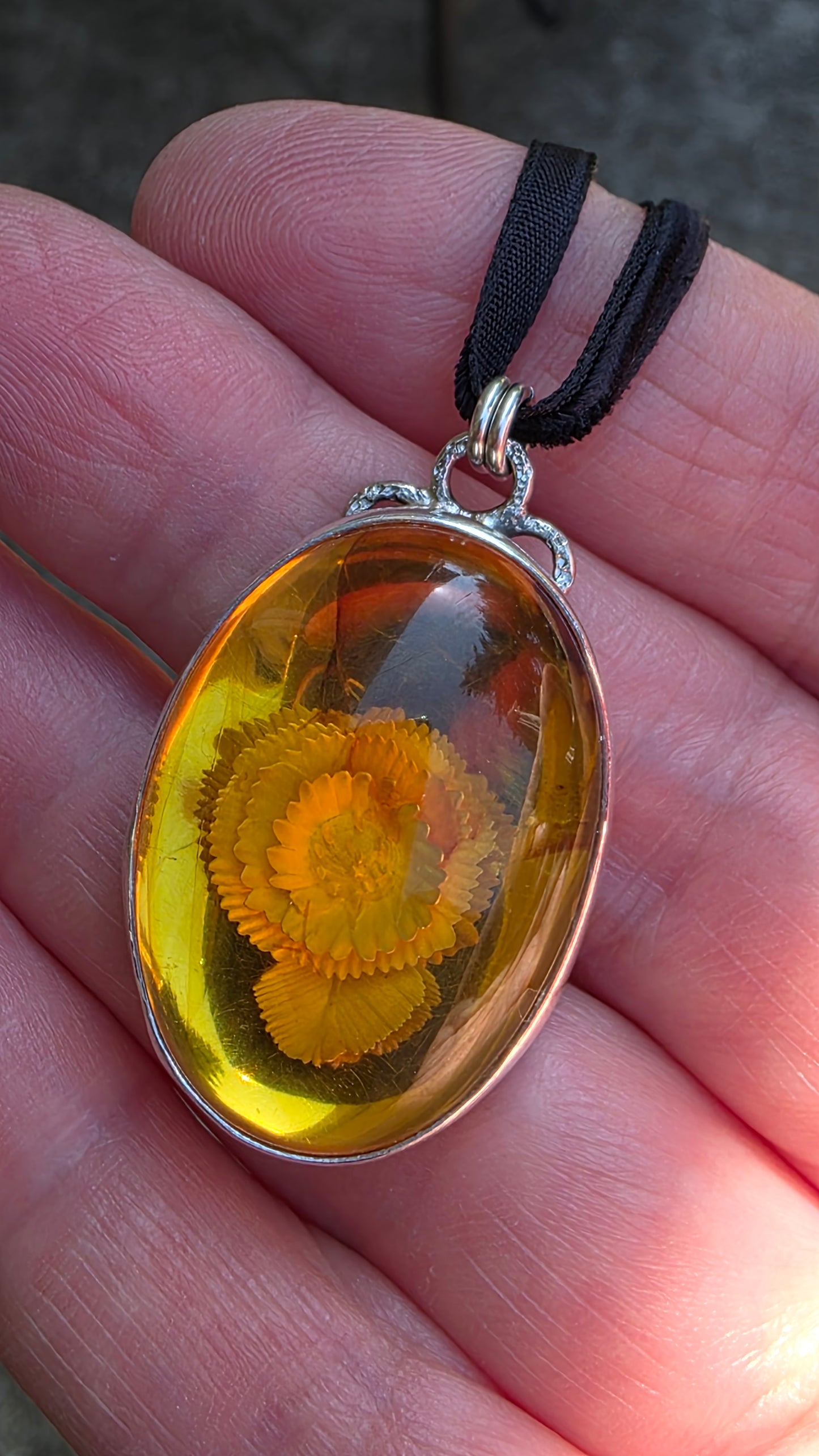 INTAGLIO AMBER POPPY Pendant - Sterling and Fine Silver