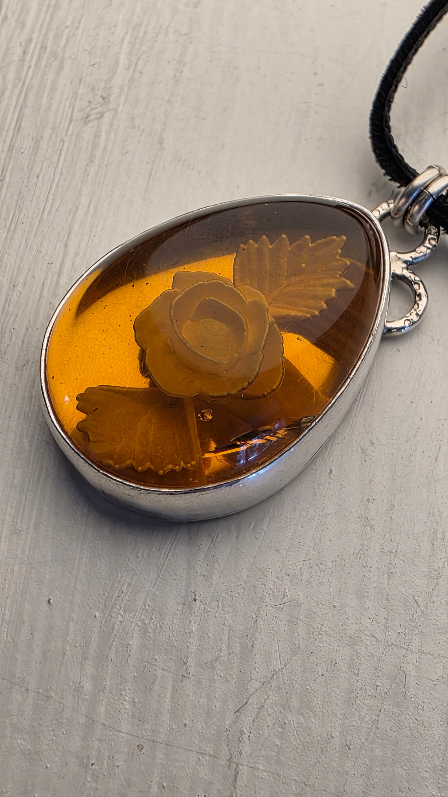 INTAGLIO AMBER ROSE Pendant - Sterling and Fine Silver