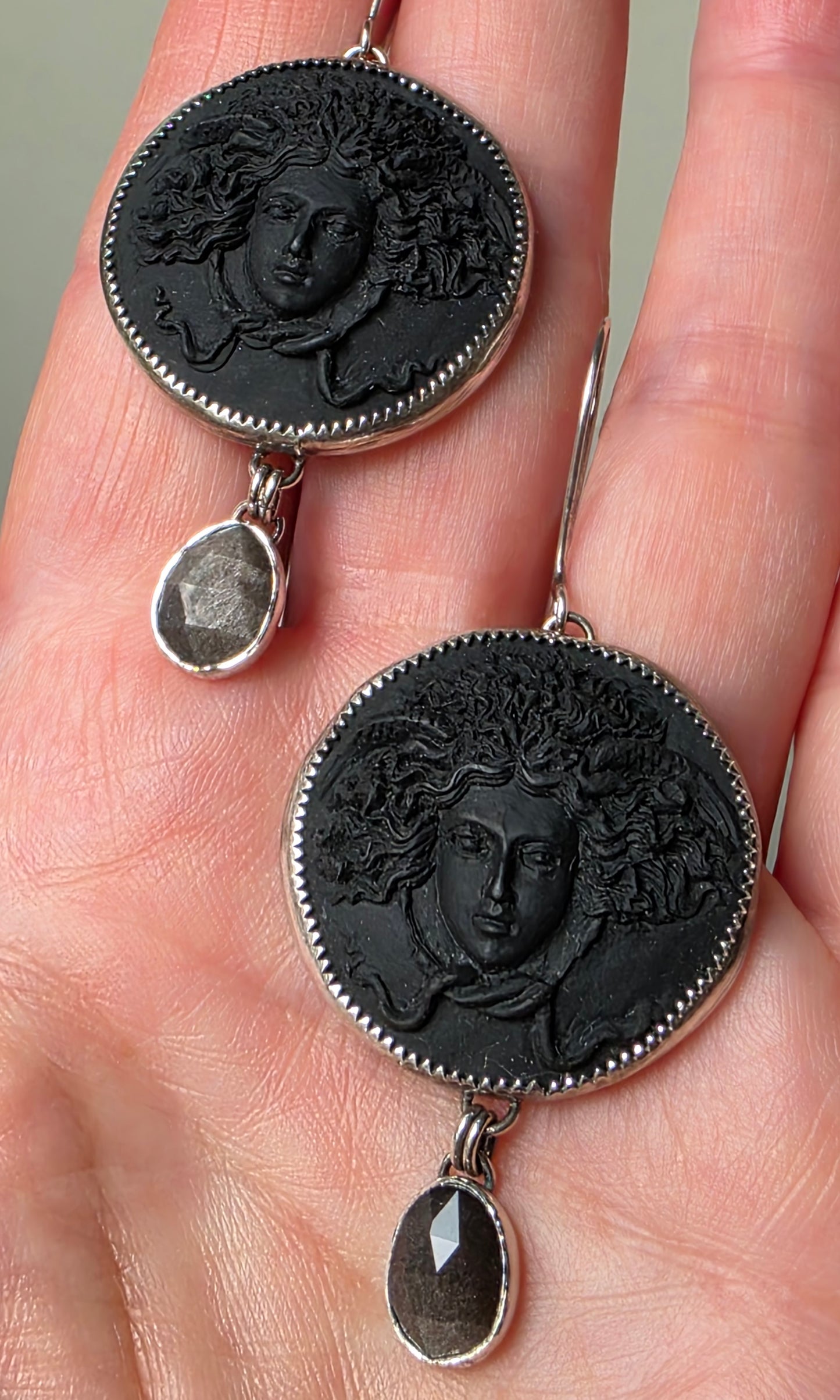 HEAD OF MEDUSA Earrings - Silver Sheen Obsidian and All Sterling Silver