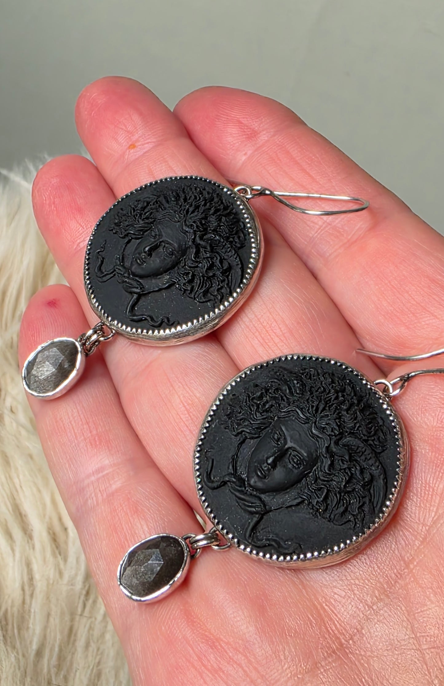 HEAD OF MEDUSA Earrings - Silver Sheen Obsidian and All Sterling Silver