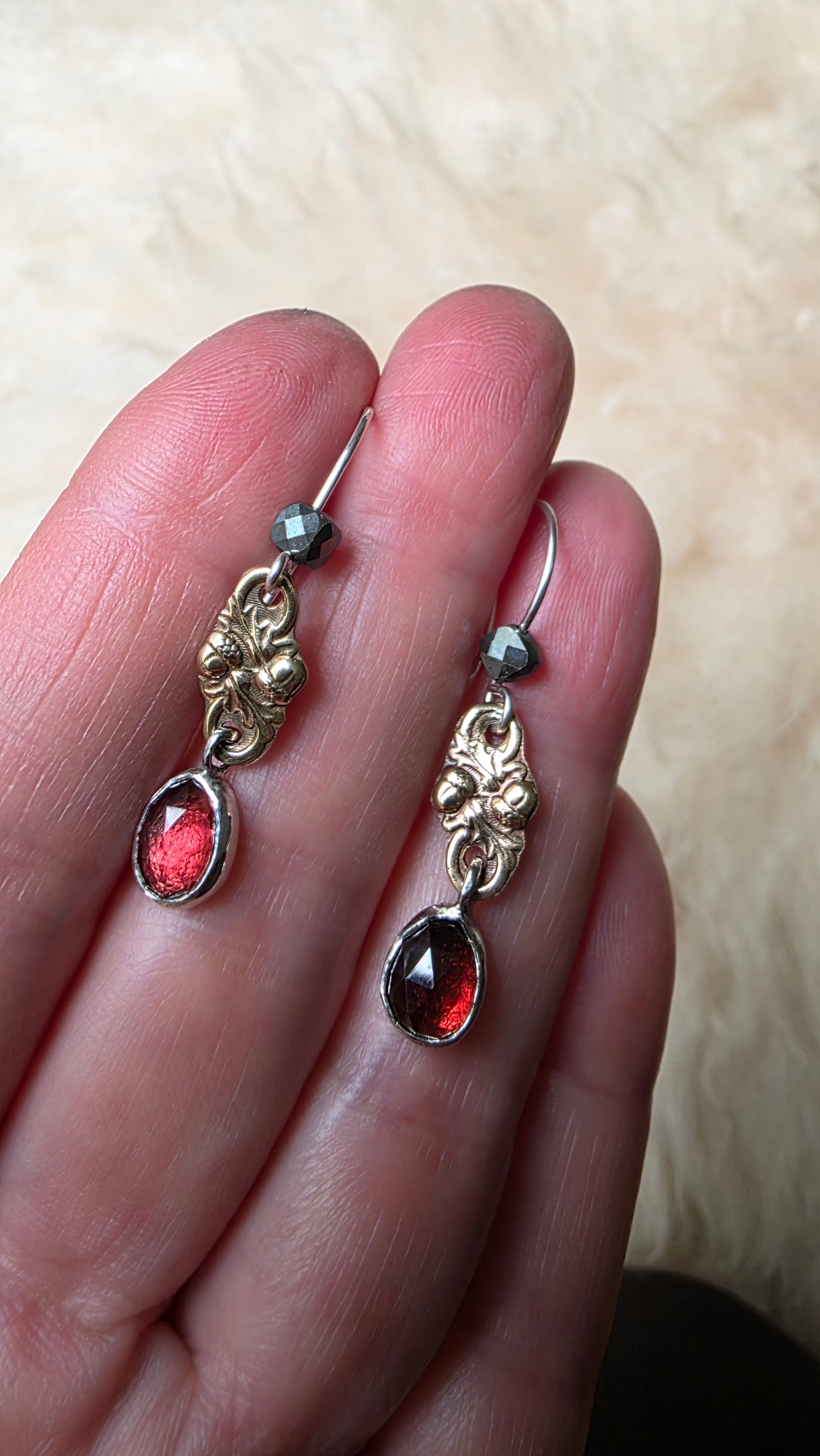 ACORN LINK Earrings - Garnet and All Sterling Silver with Jeweler's Brass