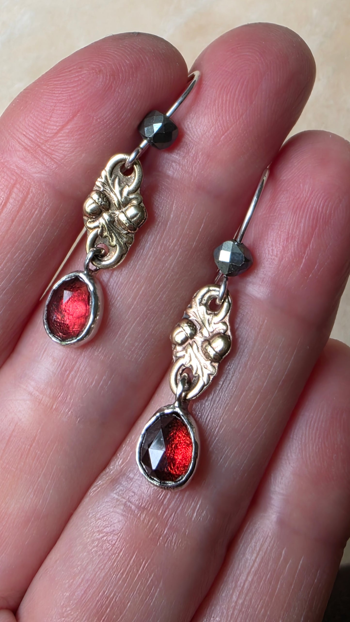 ACORN LINK Earrings - Garnet and All Sterling Silver with Jeweler's Brass
