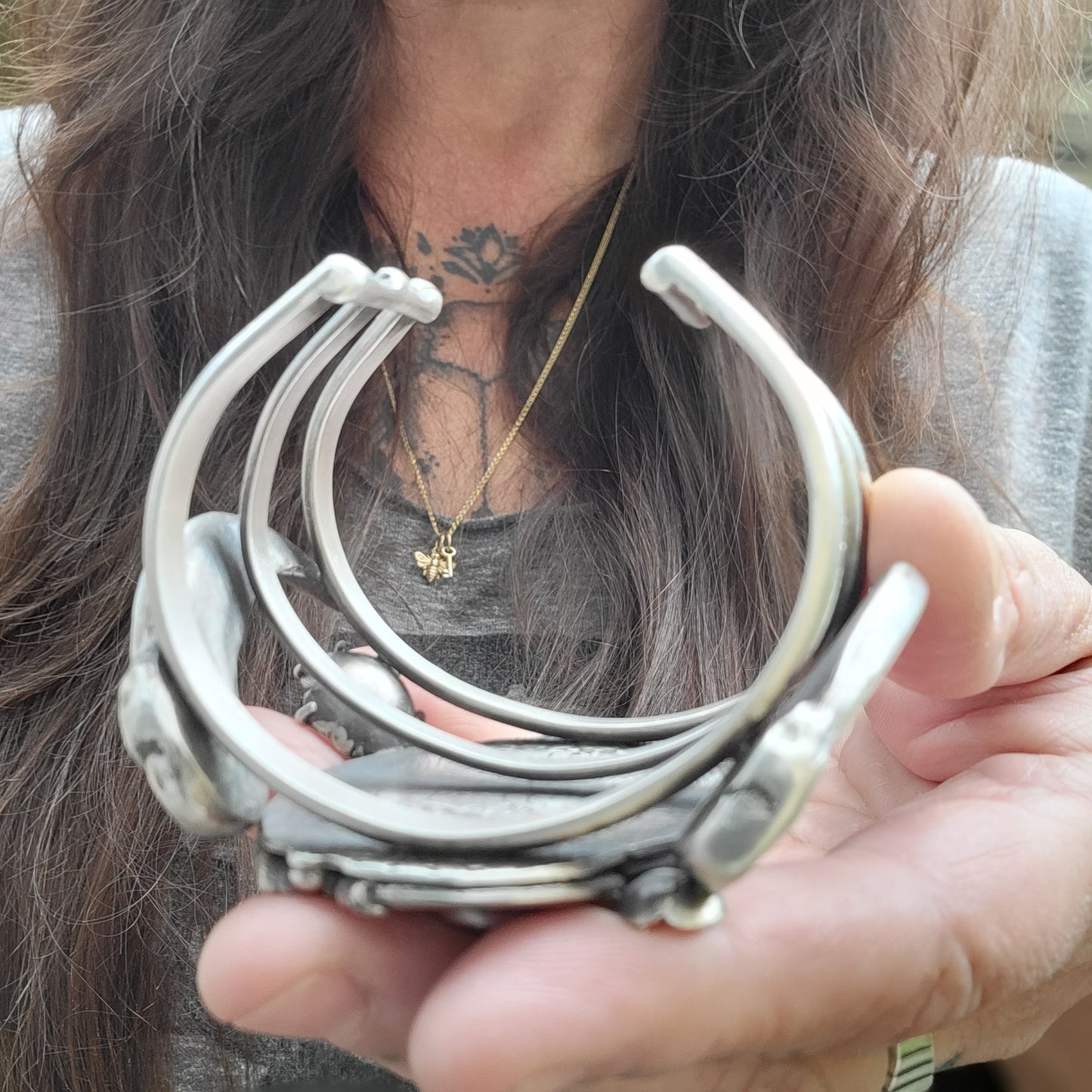 x MAMA BEAR Statement Cuff - All Heavy Sterling Silver with 14K Gold Accents - size M to L