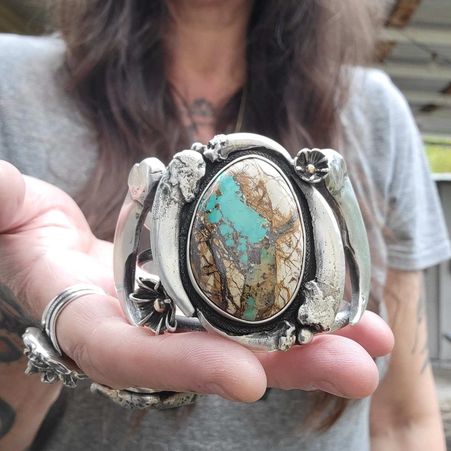 x MAMA BEAR Statement Cuff - All Heavy Sterling Silver with 14K Gold Accents - size M to L
