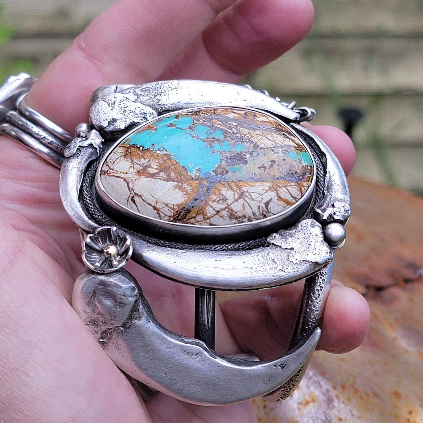x MAMA BEAR Statement Cuff - All Heavy Sterling Silver with 14K Gold Accents - size M to L
