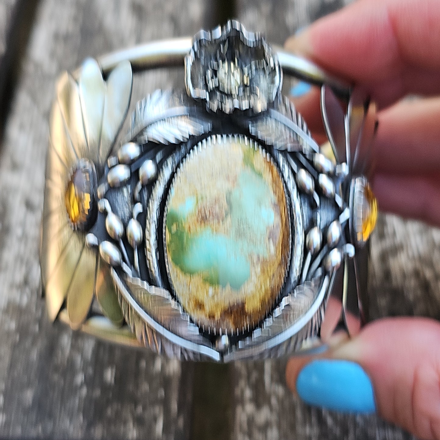 XX//WILD FLOWER WOMAN Statement Cuff Bracelet - Stone Mountain Ribbon Turquoise and Citrine in All Sterling Silver size M/L