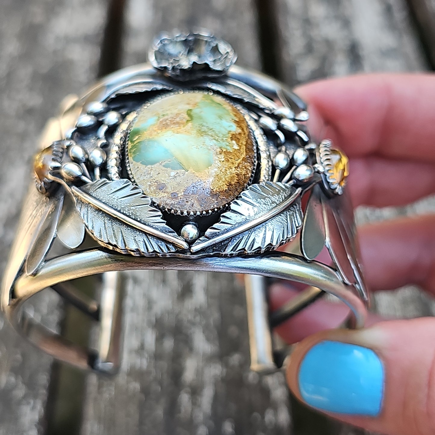 XX//WILD FLOWER WOMAN Statement Cuff Bracelet - Stone Mountain Ribbon Turquoise and Citrine in All Sterling Silver size M/L