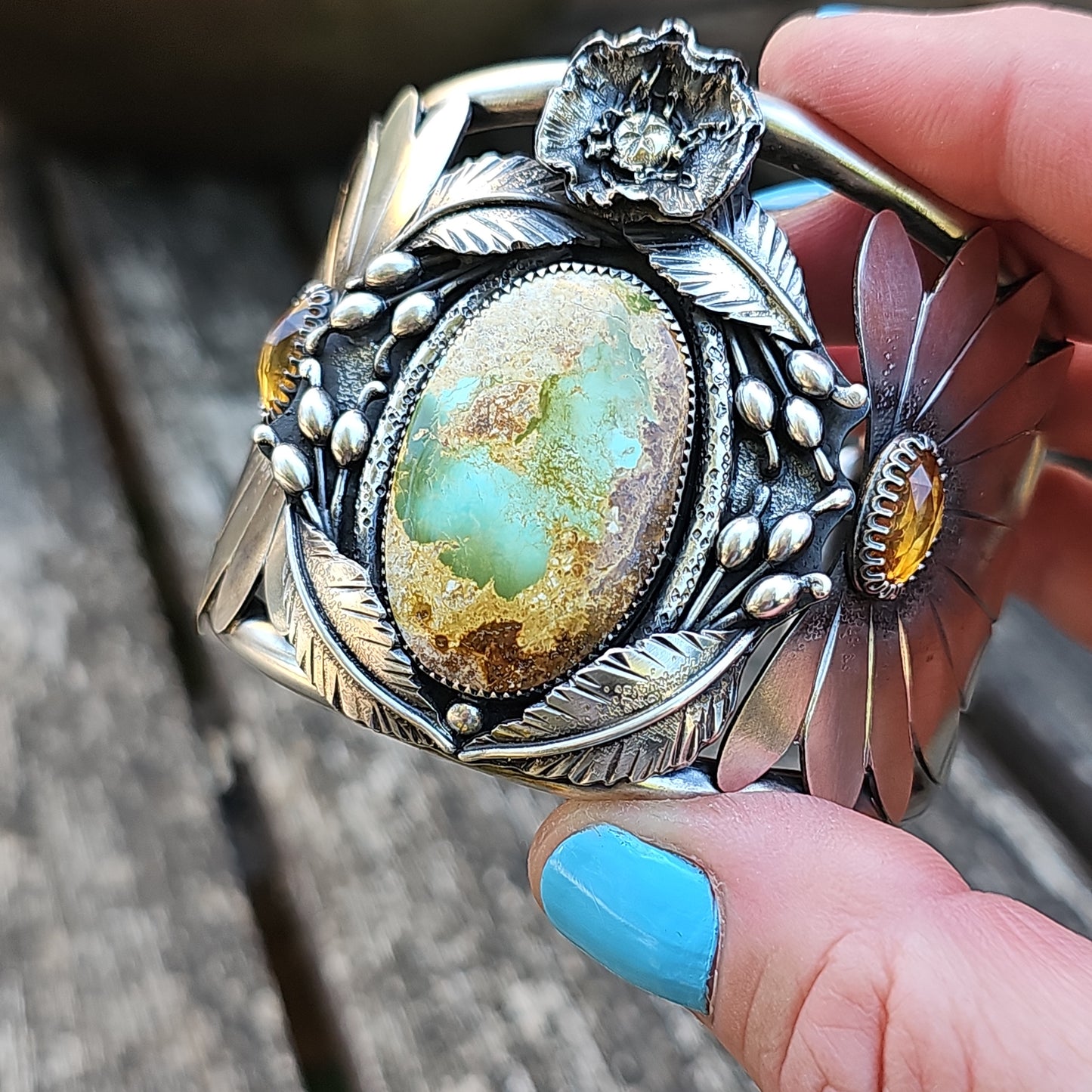 x WILD FLOWER WOMAN Statement Cuff Bracelet - Stone Mountain Ribbon Turquoise and Citrine in All Sterling Silver size M/L