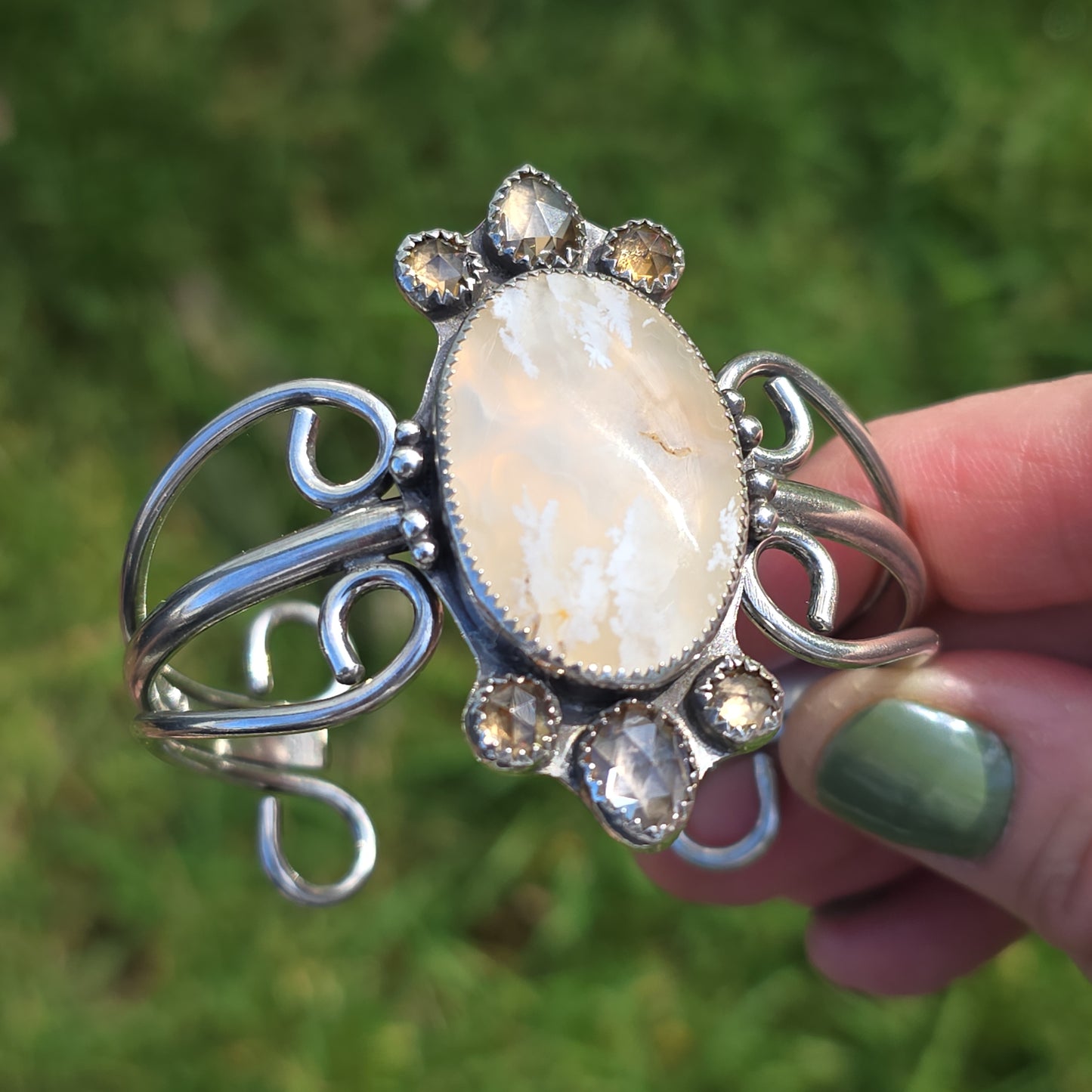 x THAW Cuff Bracelet - (size M) Oregon Stinking Water Plume Agate and Rose Cut Zircon in Fine and Sterling Silver