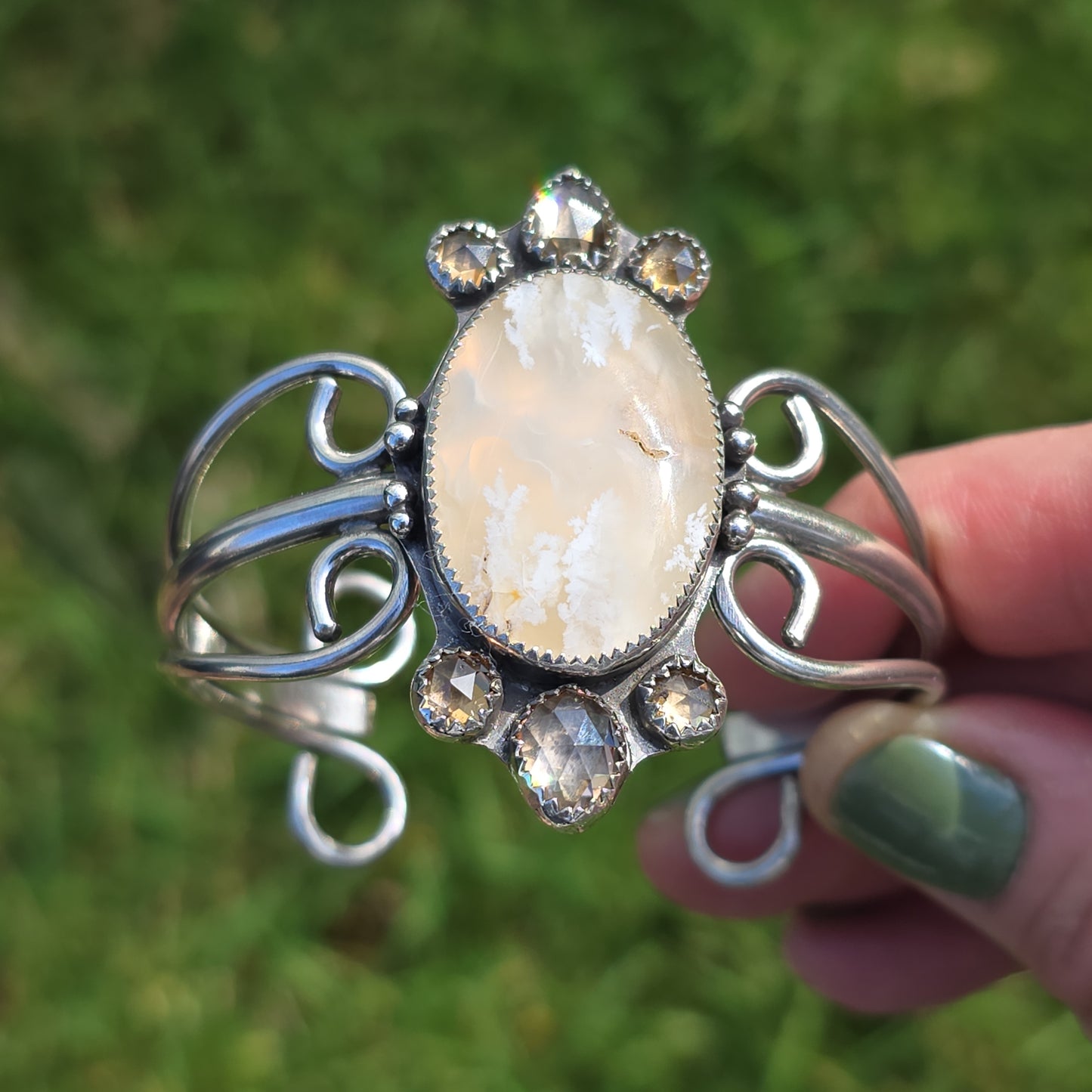x THAW Cuff Bracelet - (size M) Oregon Stinking Water Plume Agate and Rose Cut Zircon in Fine and Sterling Silver
