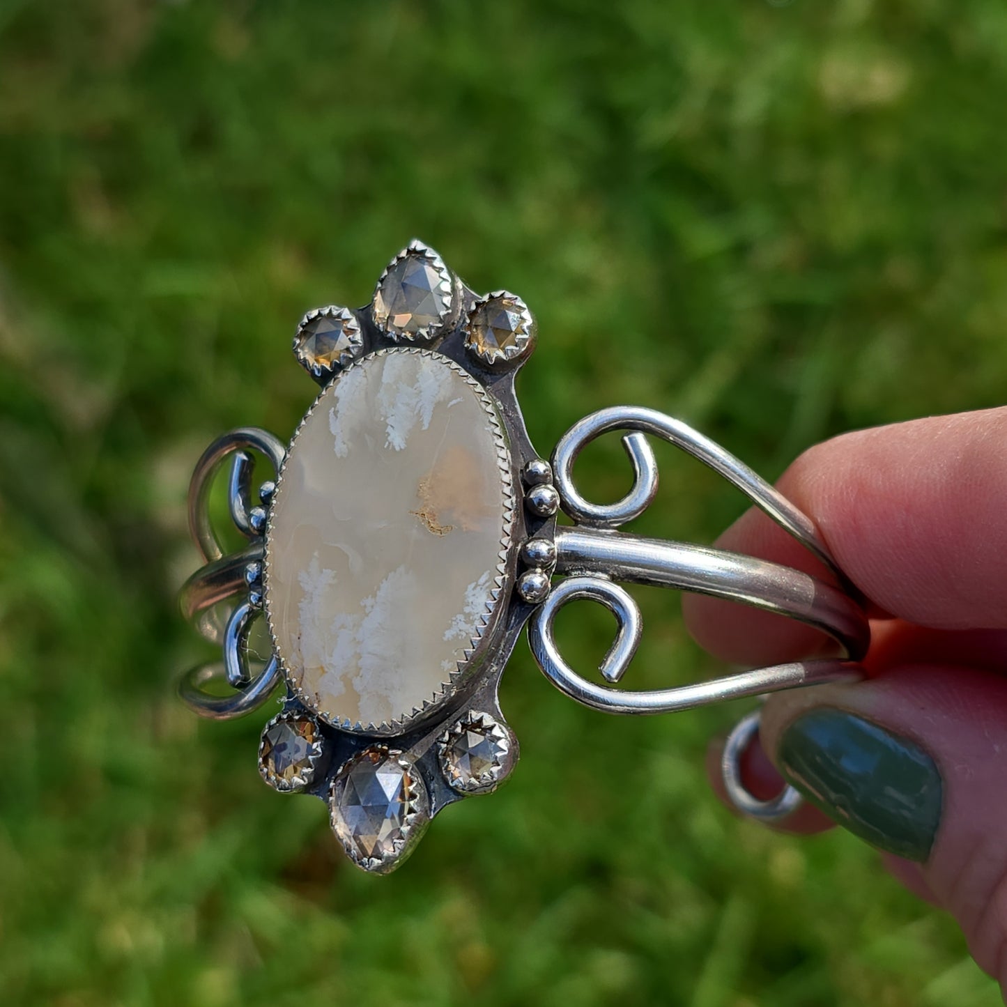 x THAW Cuff Bracelet - (size M) Oregon Stinking Water Plume Agate and Rose Cut Zircon in Fine and Sterling Silver