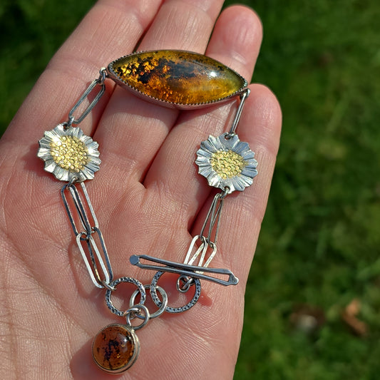 FLOWERS OF THE SUN Bracelet - Baltic Amber Marquis in All Sterling Silver with 24K Keum-Boo