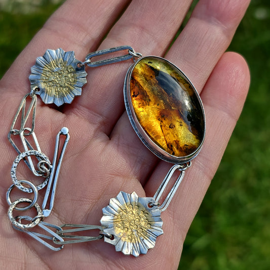 FLOWERS OF THE SUN Bracelet - Baltic Amber Oval in All Sterling Silver with 24K Keum-Boo