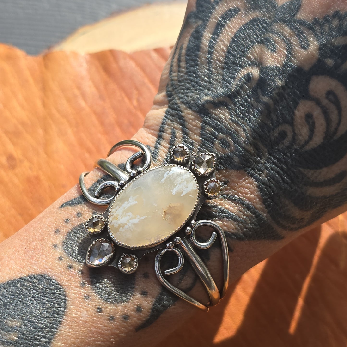 x THAW Cuff Bracelet - (size M) Oregon Stinking Water Plume Agate and Rose Cut Zircon in Fine and Sterling Silver