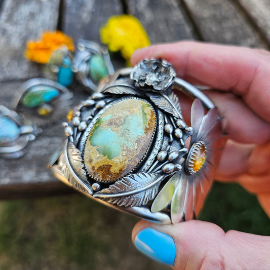 x WILD FLOWER WOMAN Statement Cuff Bracelet - Stone Mountain Ribbon Turquoise and Citrine in All Sterling Silver size M/L