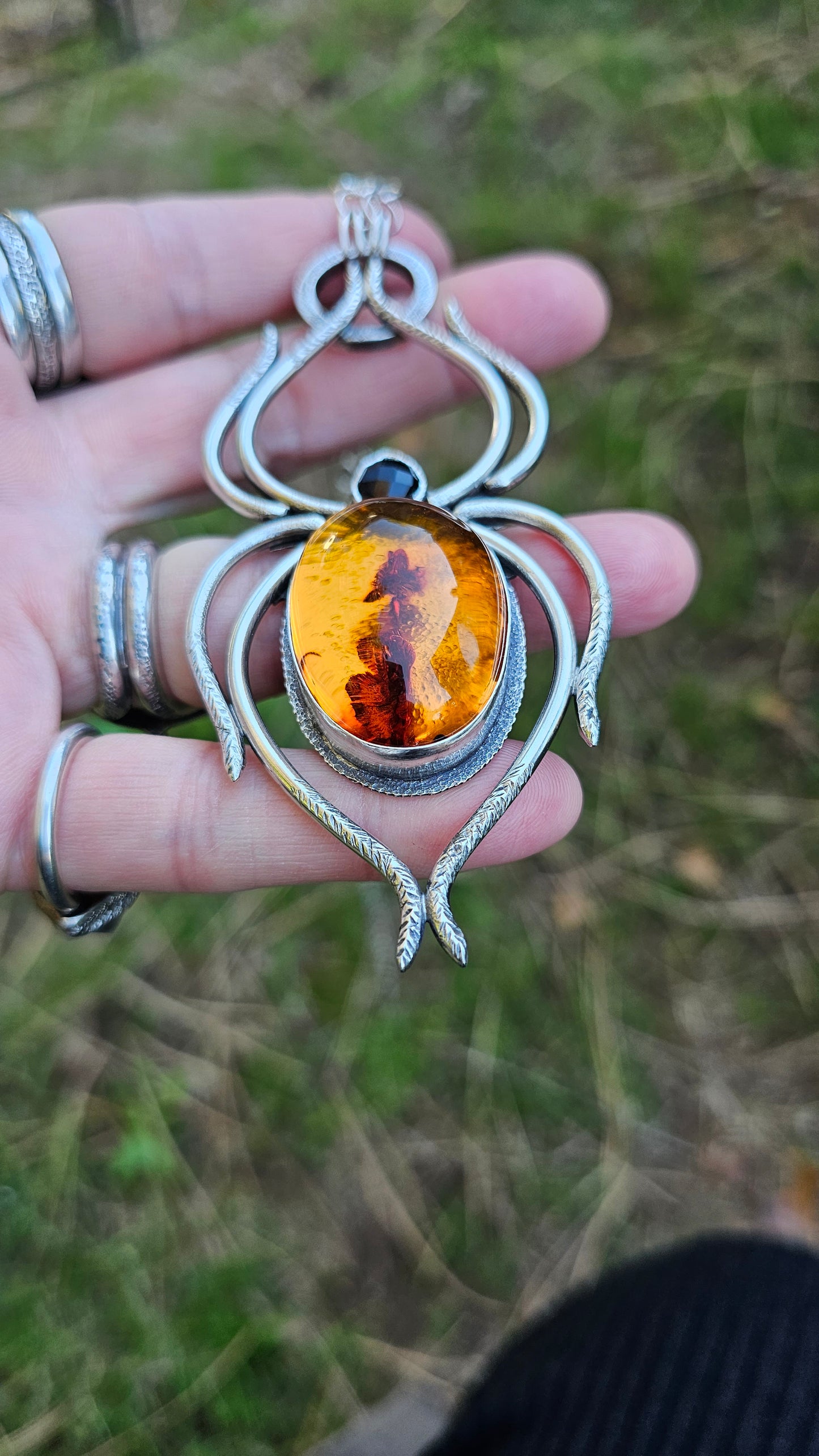 XX//SPIDER SENSE Statement Necklace - Baltic Amber and Black Onyx set in Fine and Sterling Silver