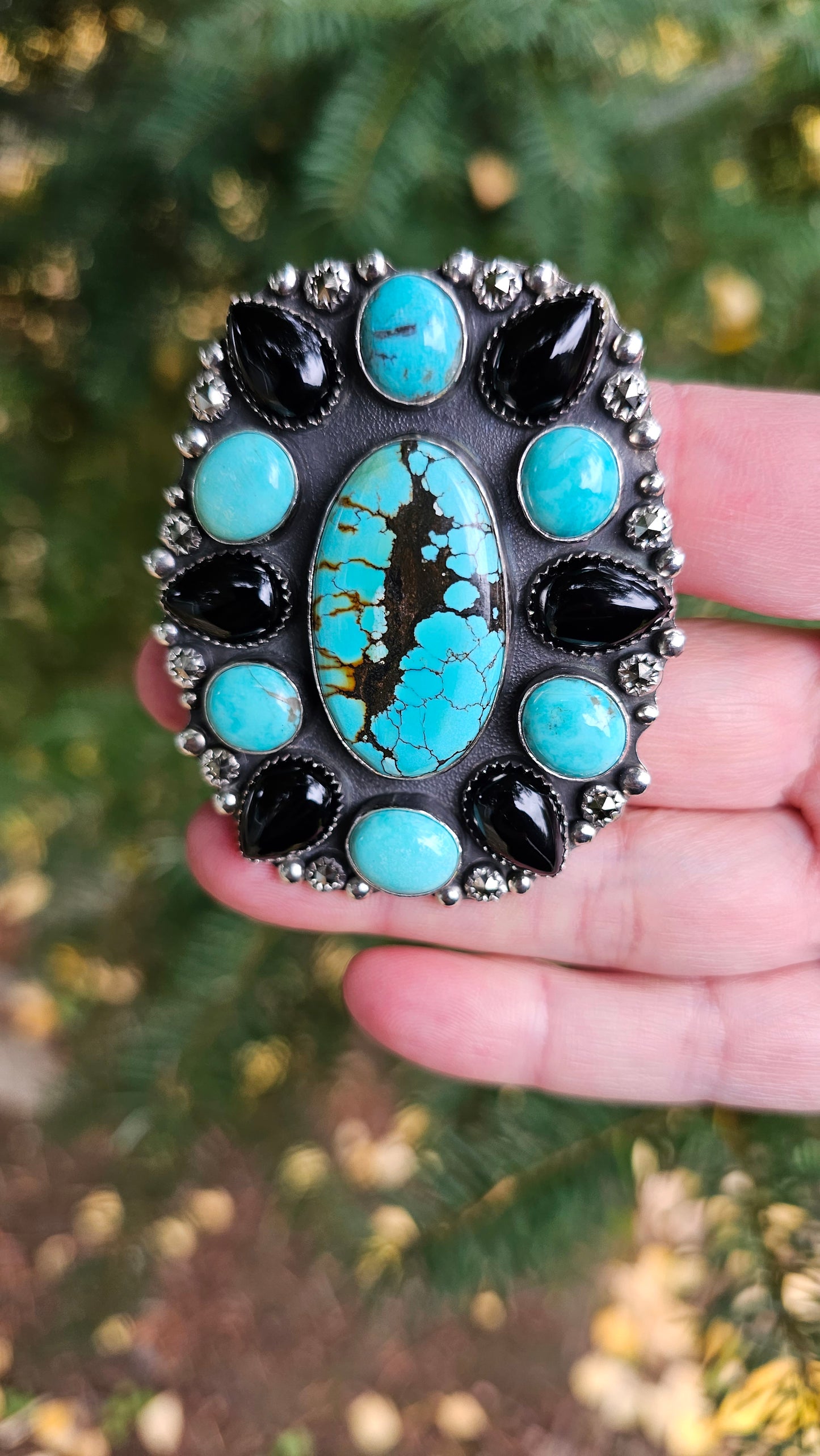 ALPHA Cluster Ring - Hubei and Campitos Turquoise with Onyx and Rosecut Pyrite in Fine and Sterling Silver size 9